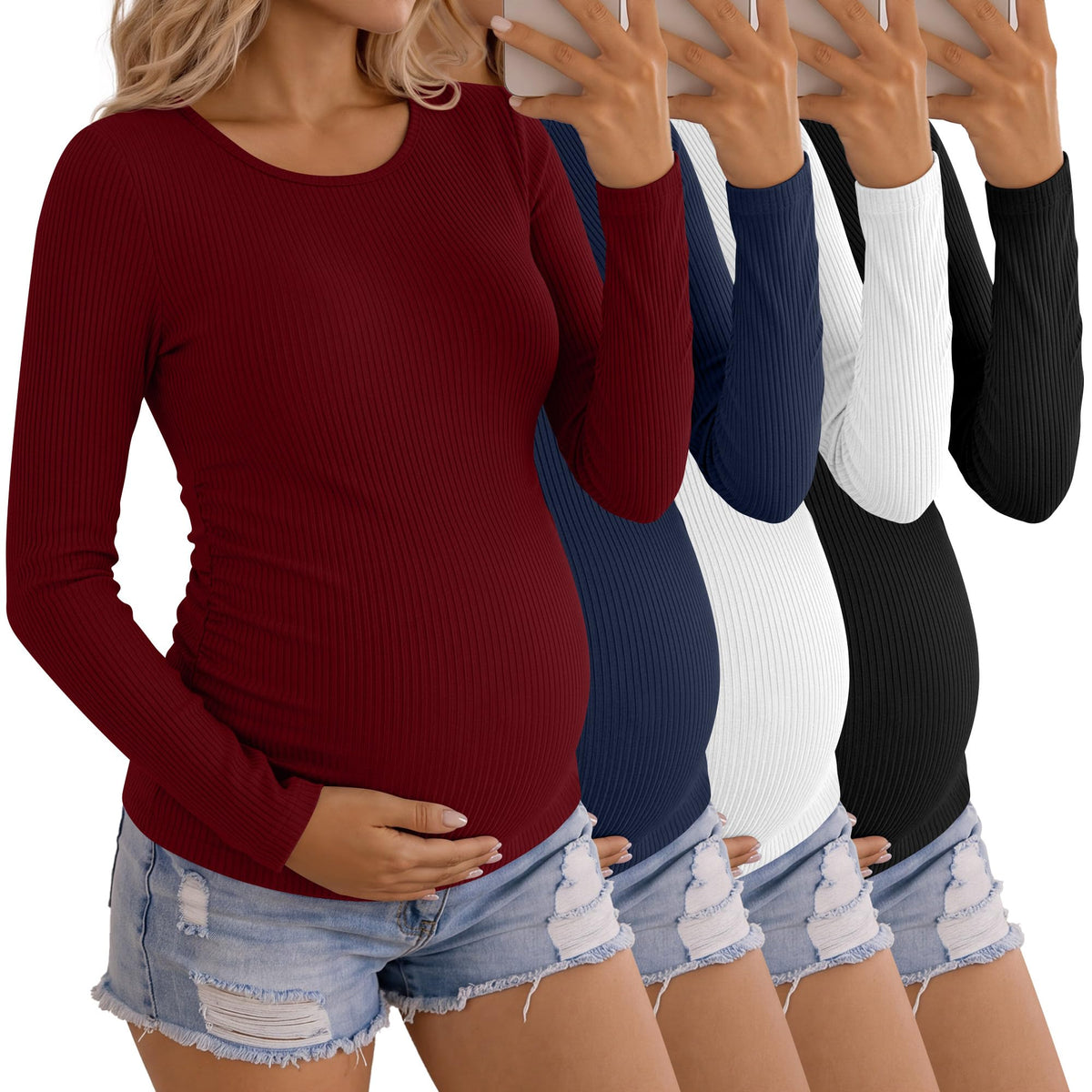 Riyiper 4 Pack Women's Cotton Ribbed Casual Maternity Shirts 4Color M