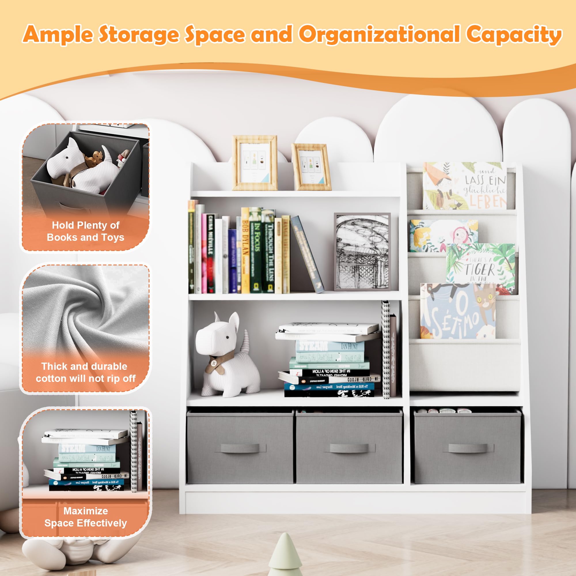 HedoAjim White Kids Bookshelf Wood Montessori Toy Storage Organizer Cabinet Shelf Child Bookcase Toddler Baby Sling Book Rack 3 Cube Bin Fabric Drawers for Playroom Bedroom Nursery School