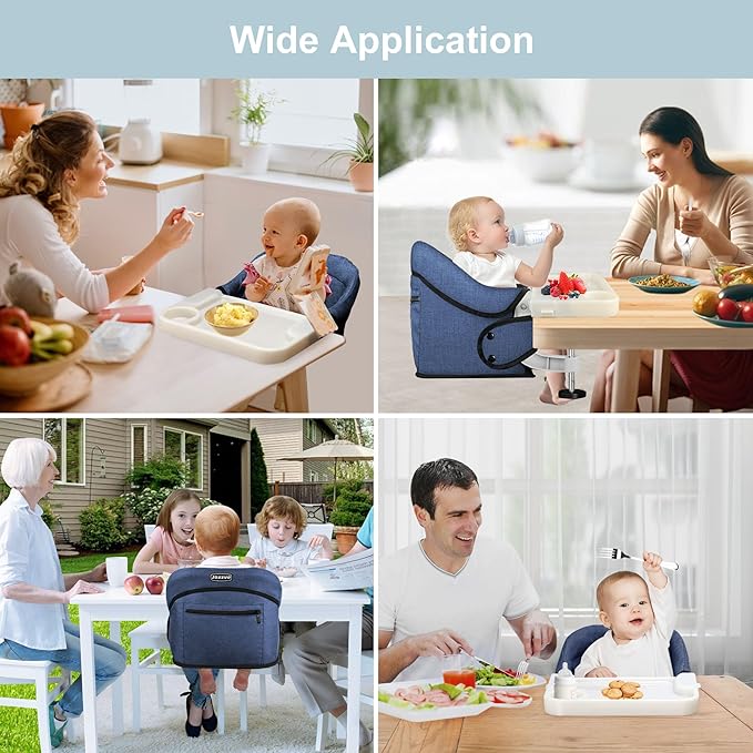 Hook On High Chair, Jozzve Clip on High Chair with Removable Dining Tray for Babies and Toddlers, Fold-Flat Storage Portable Baby Feeding Seat, Attach to Fast Table Chair for Home Travel (Navy)