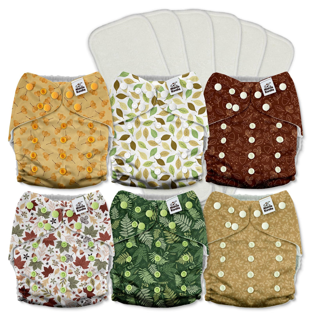 Mama Koala 3.0 Cloth Diapers for Babies with AWJ Lining, 6 Pack with 6 Natural Cloth Diaper Inserts - Reusable and Washable Pocket Diapers (Animals in The Forest)