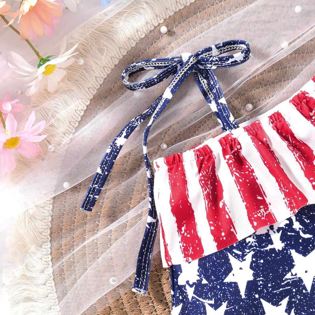 HINTINA 0-6 Months Infant Baby Girl 4th of July One Piece Swimsuit Off Shoulder American Flag Bathing Suit Independence Day Patriotic Swimwear