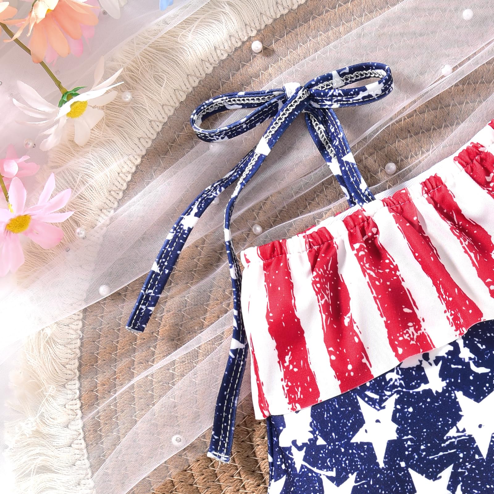 HINTINA 0-6 Months Infant Baby Girl 4th of July One Piece Swimsuit Off Shoulder American Flag Bathing Suit Independence Day Patriotic Swimwear