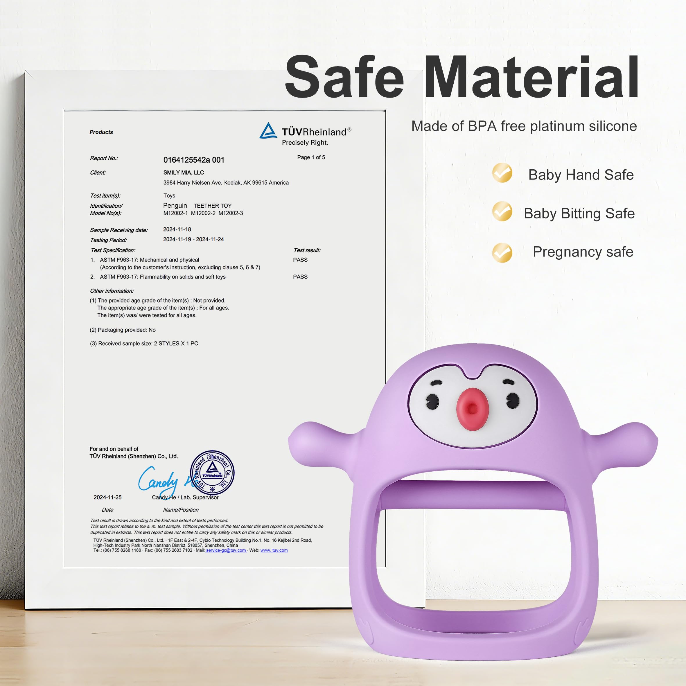 Smily Mia 2pack Penguin Teether for Babies 0-6Month, Infant Teething Toys,Pacifiers for Breastfed Babies, Silicone Teething Mittens for 3-6Months, Perfect Shower Gift+Baby Registry, Pink&Purple