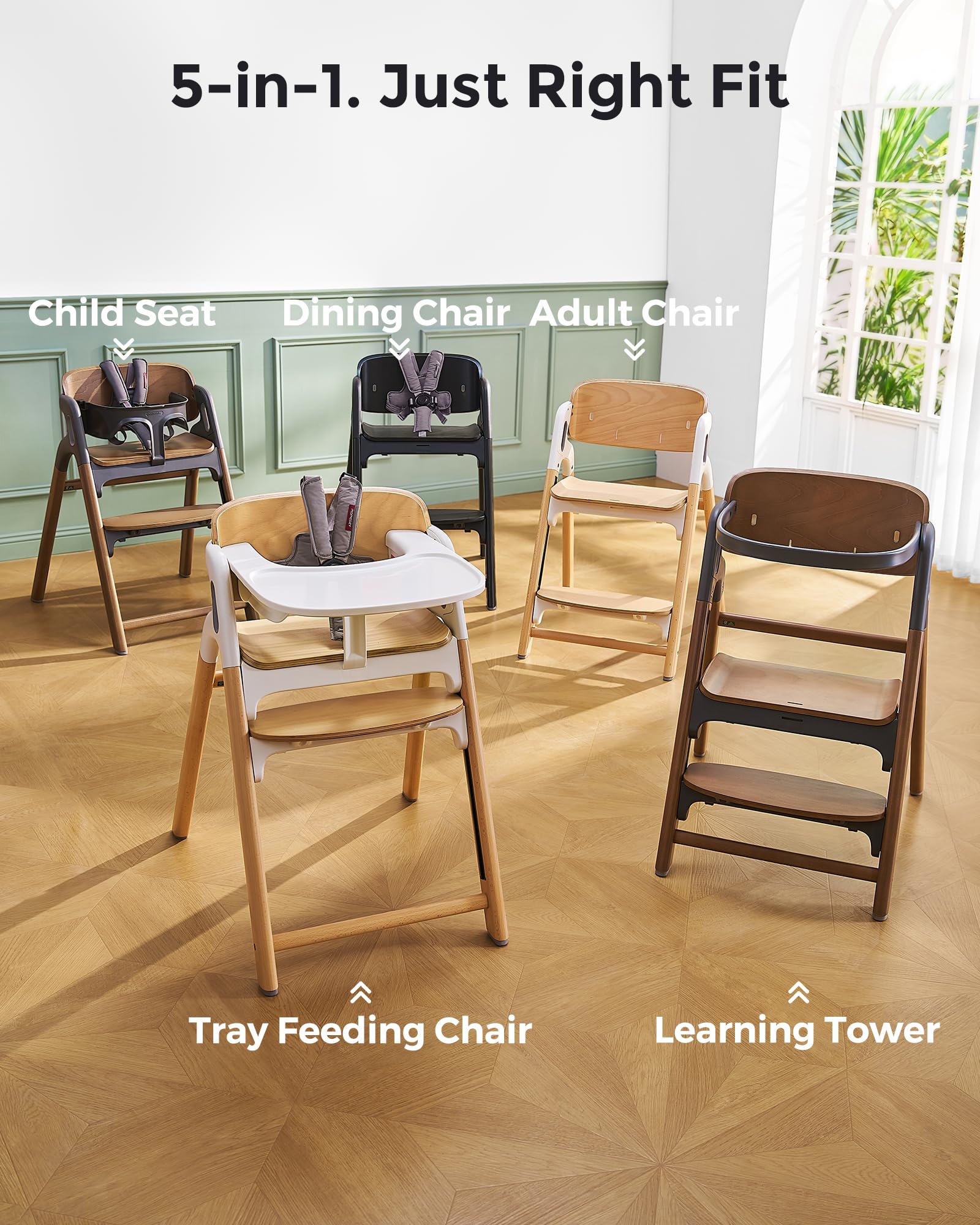 Momcozy 5-in-1 Wooden High Chair for Babies & Toddlers, Midnight Black