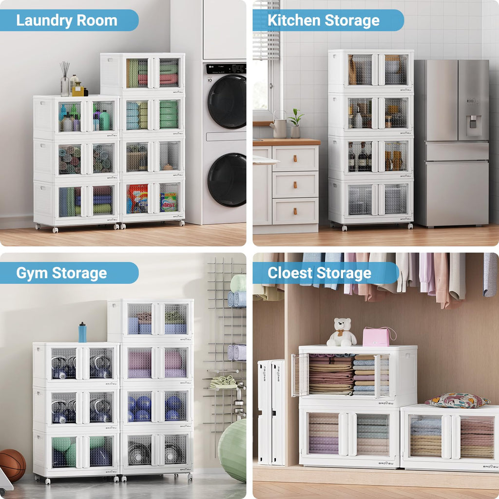 BROVIEW 300Qt Stackable Storage Bins with Lids, 75Gal Closet Organizers and Storage Drawer, Plastic Collapsible Storage Bins with Doors, Heavy Duty Store Box Cabinet for Home Kitchen, 3Pack White