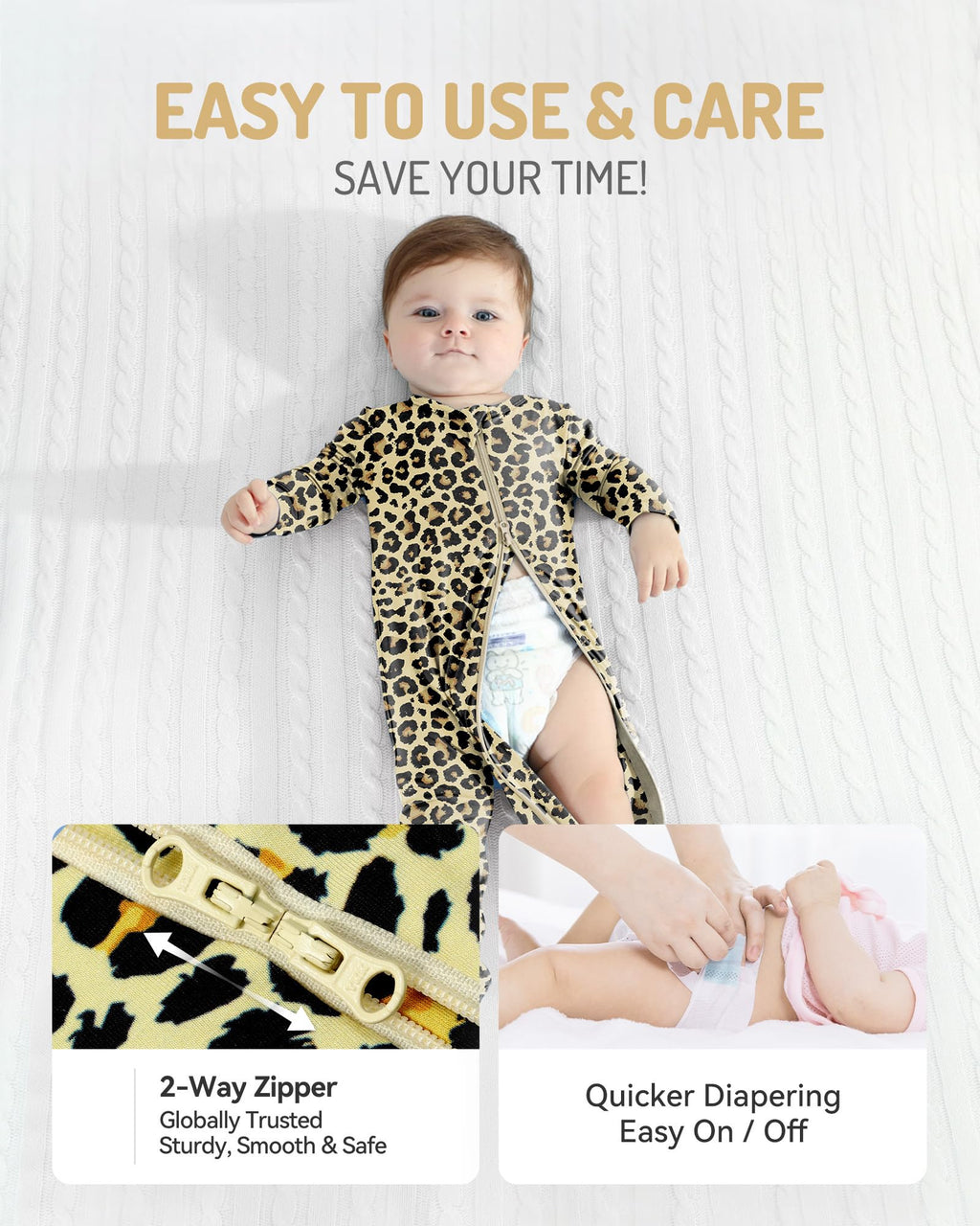 HAPIU Rayon from Bamboo Baby Footed Pajamas, 2 Way Premium Zipper, Footie for Baby Boy Girls, Newborn-24 Months, 2 Pack, Leopard & Grasse Rose, 6-12 Months