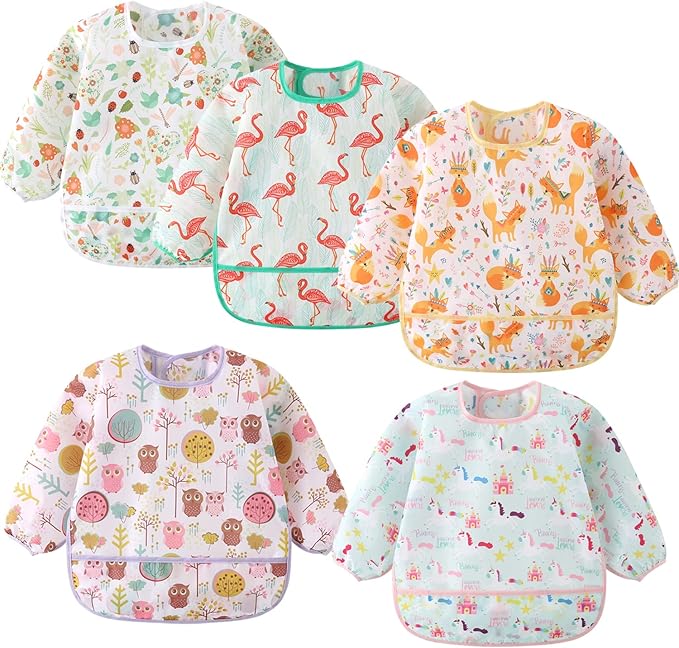 5 Pack Long Sleeve Bib,Baby Toddler Waterproof Sleeved Bib for 6-30 Months Reusable with Catch-all Pocket