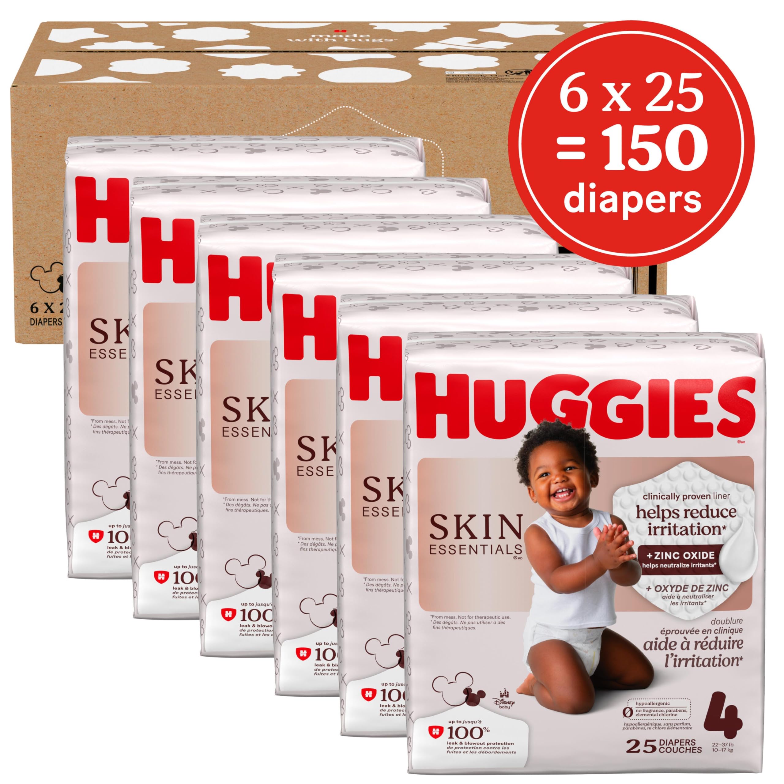 Huggies Skin Essentials Diapers Size 4, 150 Count (6 Packs of 25)