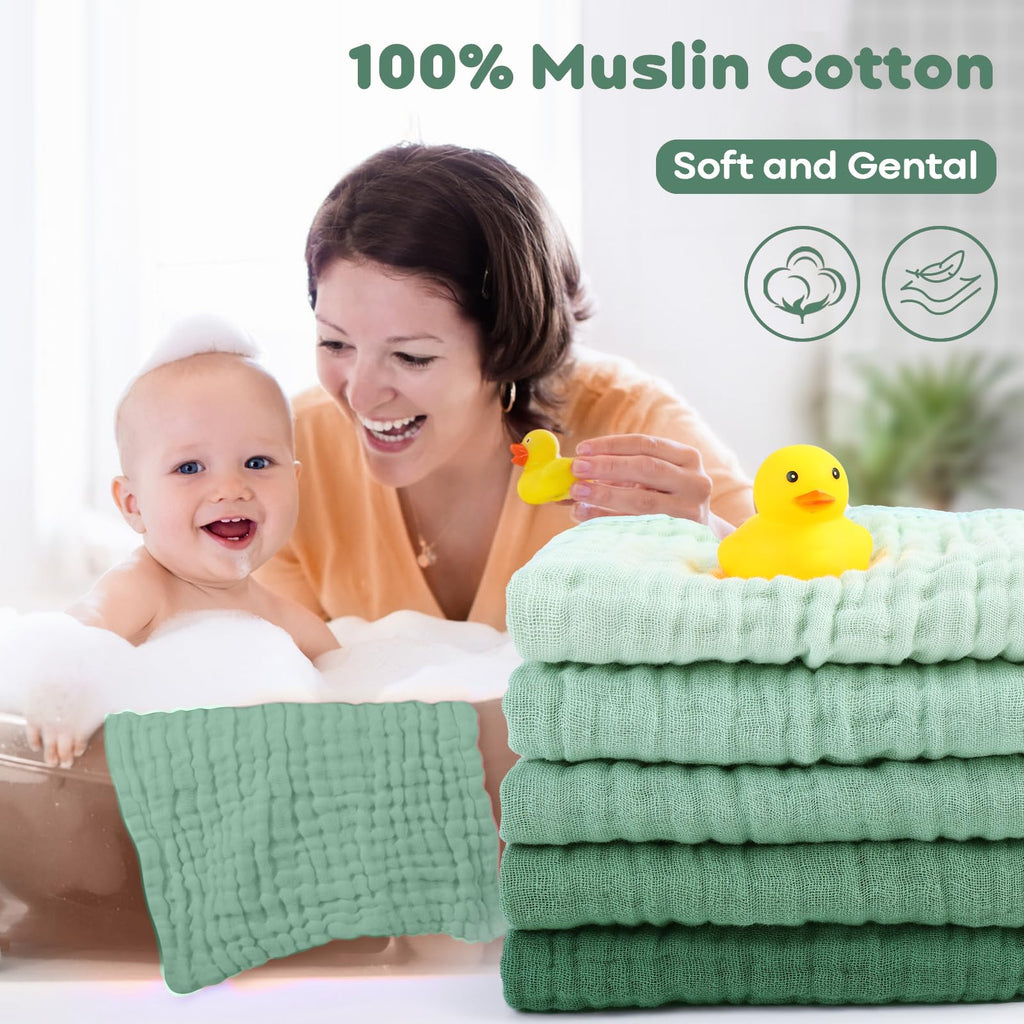Yoofoss Muslin Baby Washcloths 100% Organic Cotton Face Towels 6 Pack Wash Cloths for Baby 12x12in Soft and Absorbent Baby Wipes (Gradient Green)