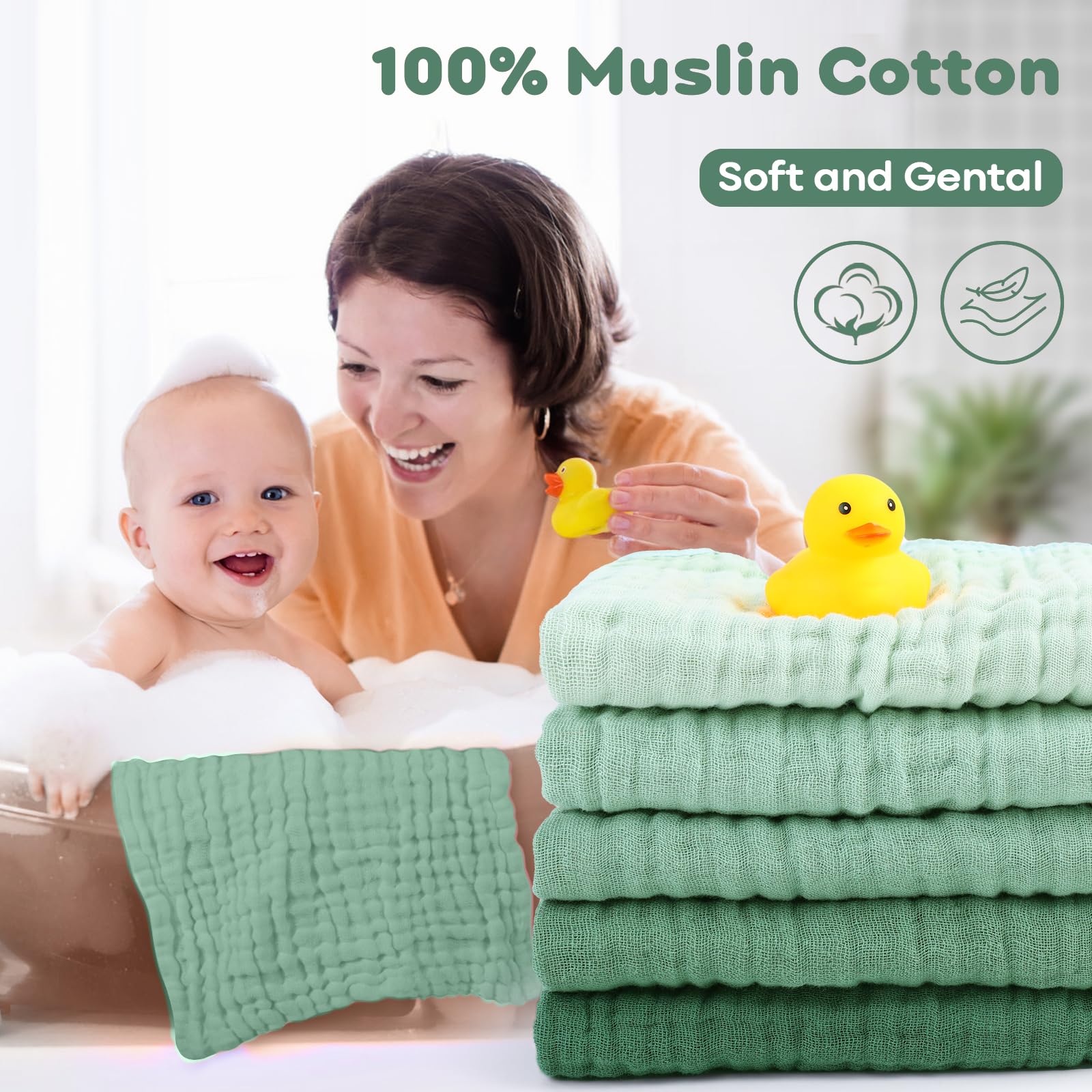 Yoofoss Muslin Baby Washcloths 100% Organic Cotton Face Towels 6 Pack Wash Cloths for Baby 12x12in Soft and Absorbent Baby Wipes (Gradient Green)
