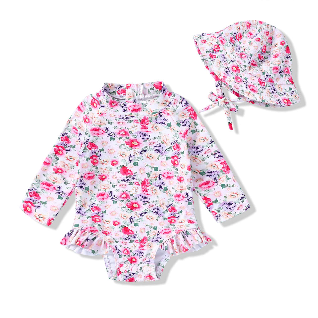 Infant Baby Girl Swinsuit One-Piece Long Sleeve Rash Guard with Hat Set Floral Zipper Bathing Suit Leopard Beach Wear (12-18 Months, Flower#3)