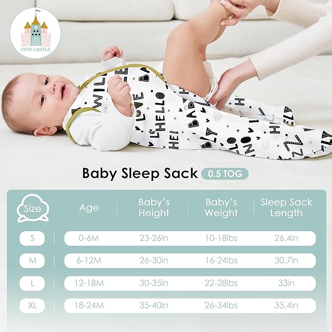Cute Castle Baby Sleep Sack 0-6 Months - Lightweight 100% Cotton 2-Way Zipper TOG 0.5 Infant Wearable Blanket, Newborn Essentials Toddler Sleep Clothes, 3 Pack(Honey, Dinosaurs, Letters)