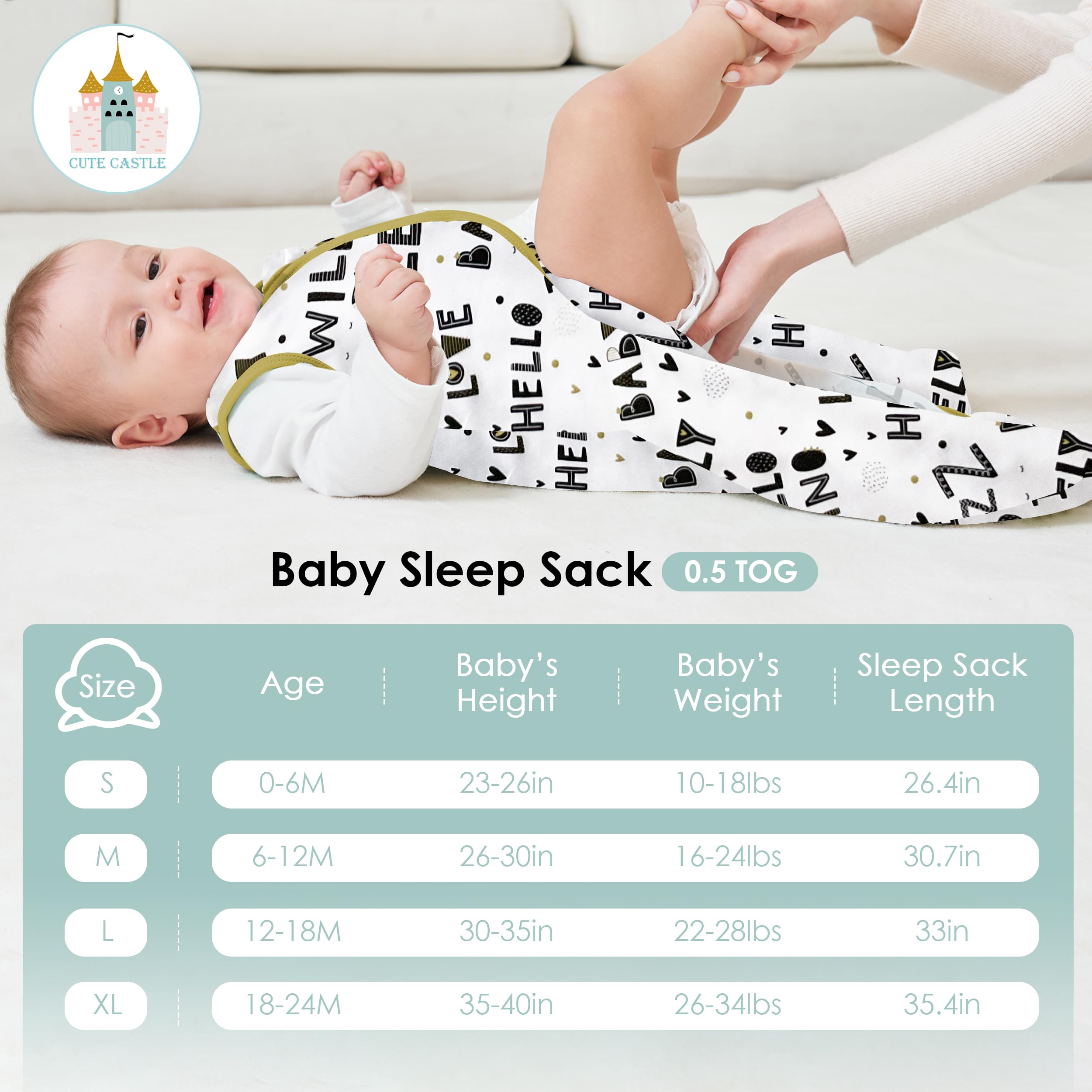 Cute Castle Baby Sleep Sack 18-24 Months - Lightweight 100% Cotton 2-Way Zipper TOG 0.5 Infant Wearable Blanket, Newborn Essentials Toddler Sleep Clothes, 3 Pack(Honey, Dinosaurs, Letters)