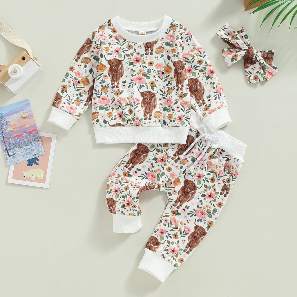 3Pcs Western Baby Girl Clothes Animal Floral Print Sweatshirt Pants Set Infant Fall Winter Outfits White 6-12 Months