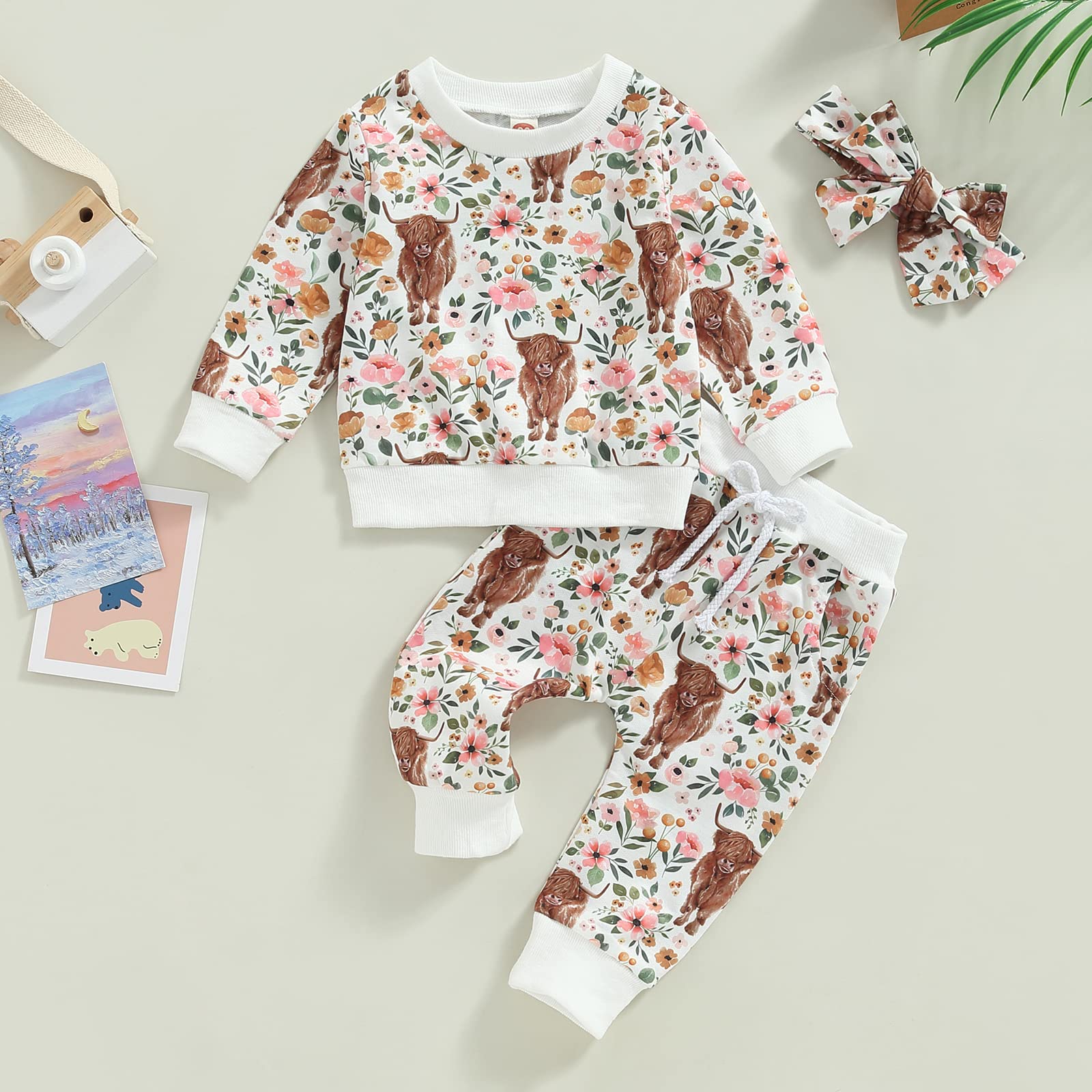 3Pcs Western Baby Girl Clothes Animal Floral Print Sweatshirt Pants Set Infant Fall Winter Outfits White 6-12 Months