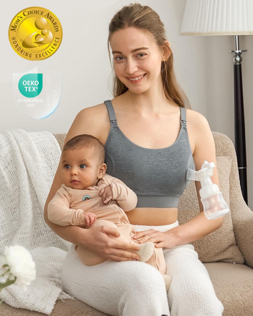 Momcozy Pumping Bra Hands Free, Pumping and Nursing Bra in One Holding Breast Pump for Spectra, Lansinoh, Medela, Black,grey-2pk, Small