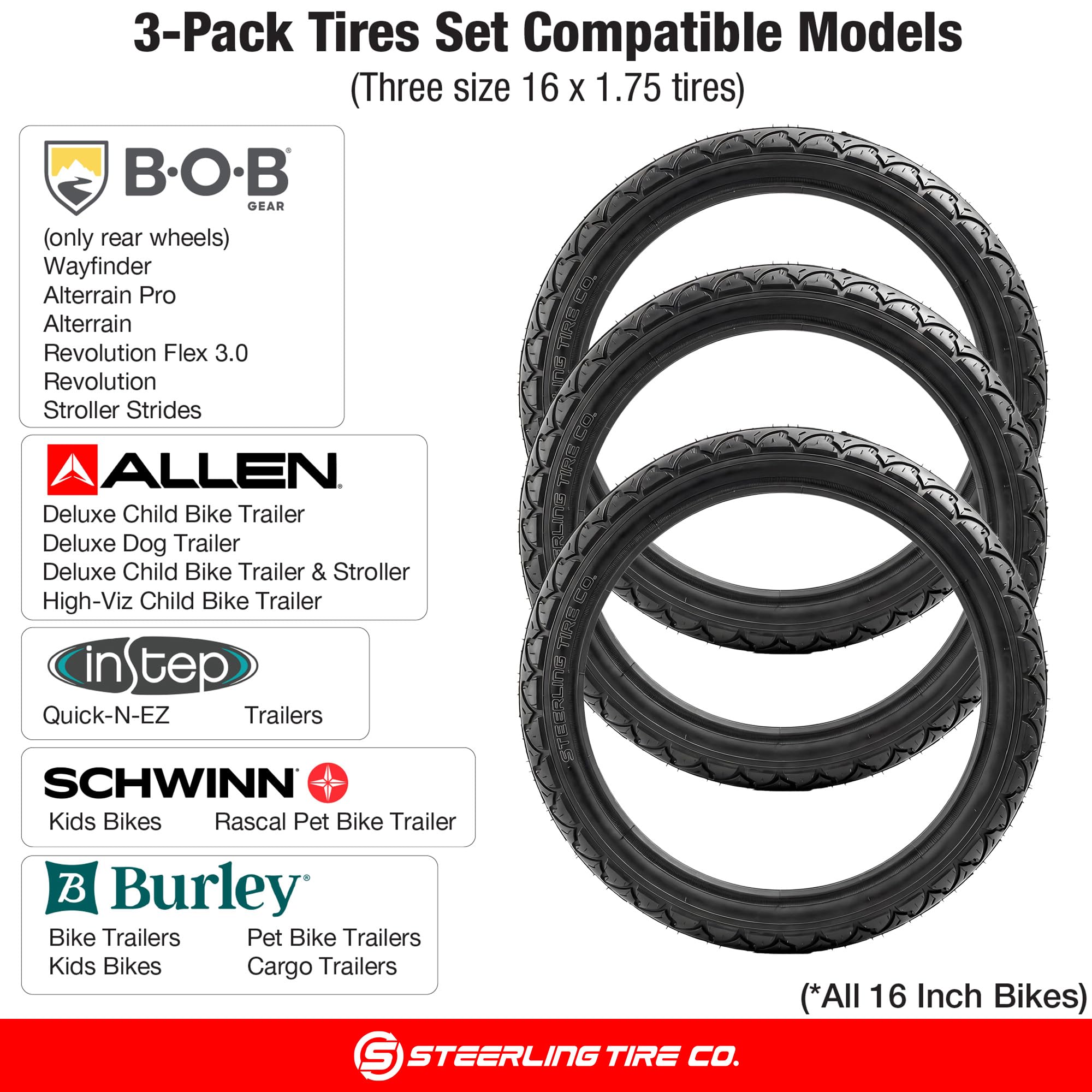 Three 16-Inch Tire Replacements for Jogging Strollers Like BOB Ironman & Bike Trailers Including Allen Sport, Burley and Instep (3-Pack) by Steerling Tire Co.