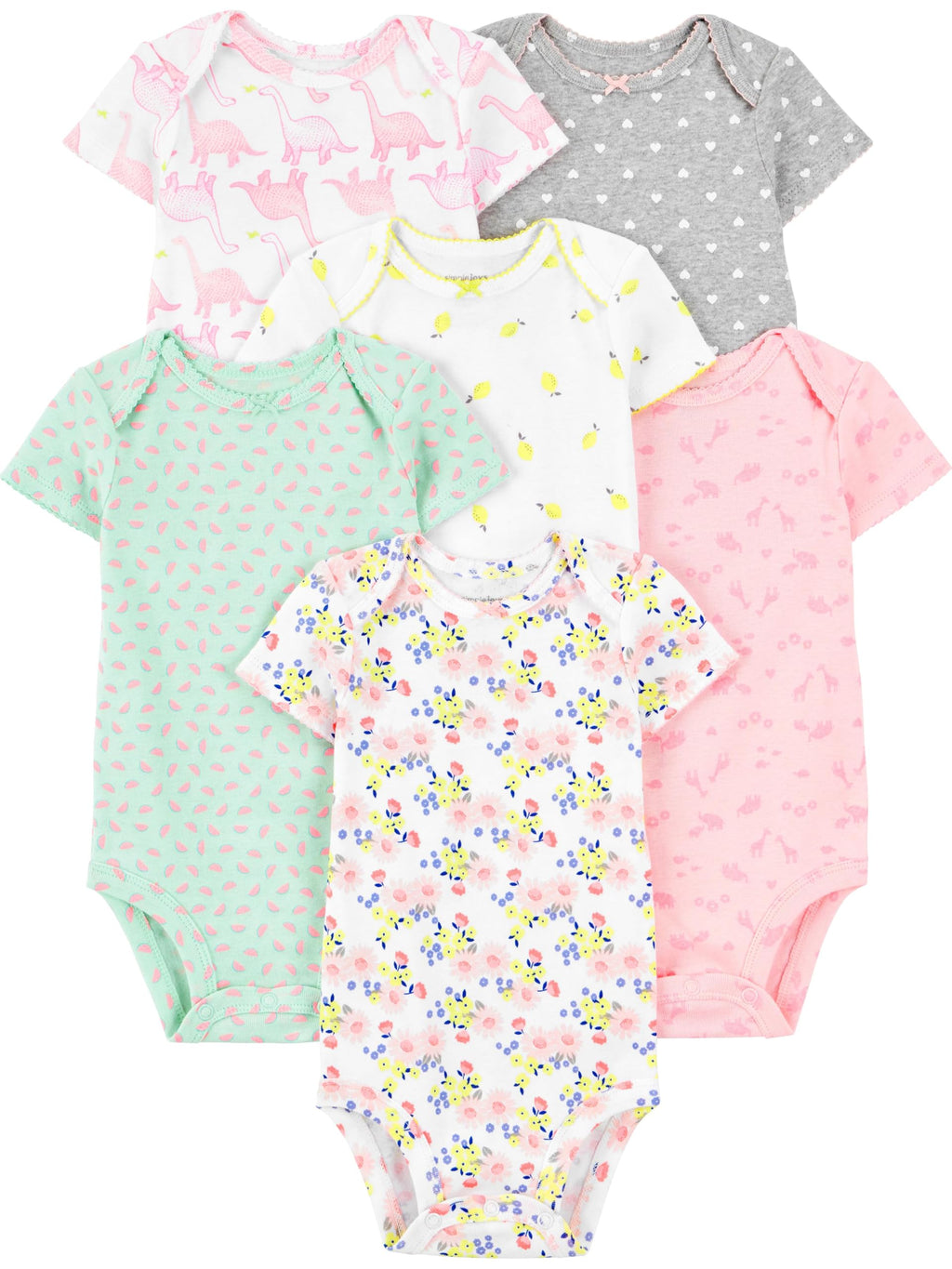 Simple Joys by Carter's Baby Girls' 6-Pack Short-Sleeve Bodysuit, Multicolor/Dinosaur/Floral/Forest Animals/Fruit/Hearts, 12 Months