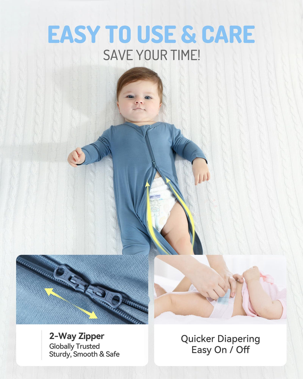 HAPIU Rayon from Bamboo Baby Footed Pajamas, 2 Way Premium Zipper, Footie for Baby Boy Girls, Newborn-24 Months, 3-Pack,Moonlight Blue & Moonlight Blue & Moonlight Blue,12-18 Months