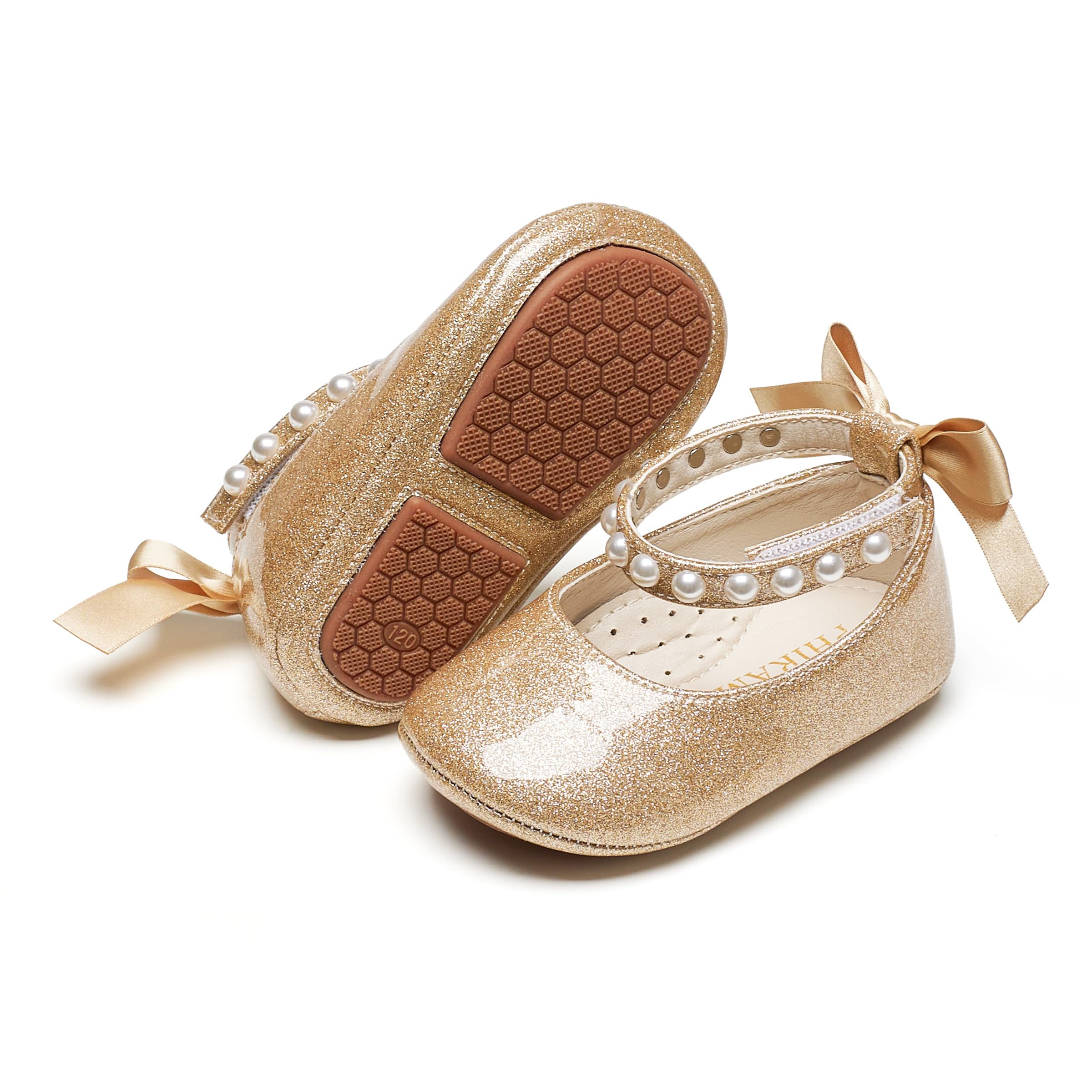 PHIRAMIN Baby Girls Glitter Gold Mary Jane Flats - Infant 9-12 Months Walking Shoes Soft Rubber Sole Princess Wedding