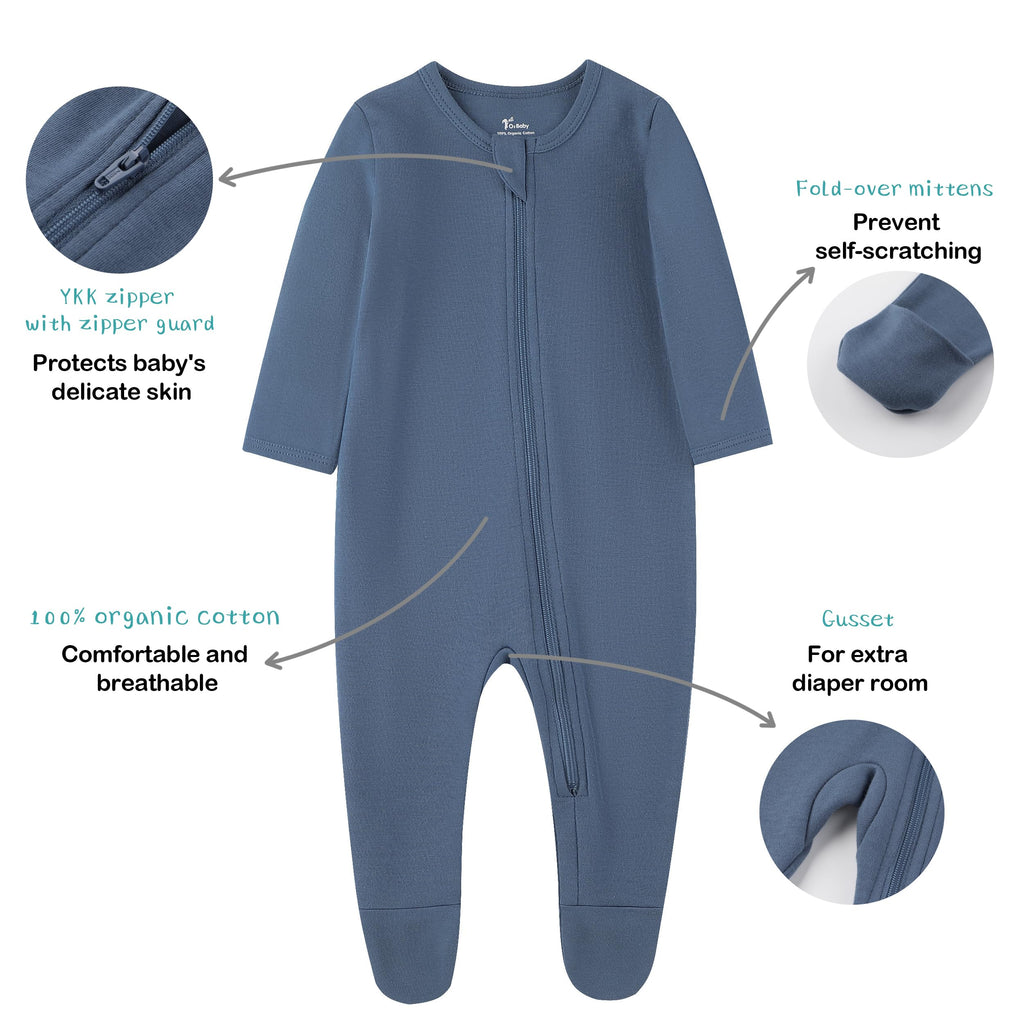 O2 BABY Baby Boys Girls Organic Cotton Zip Front Sleeper Pajamas, Footed Sleep 'n Play（Newborn, Blue Ashes）