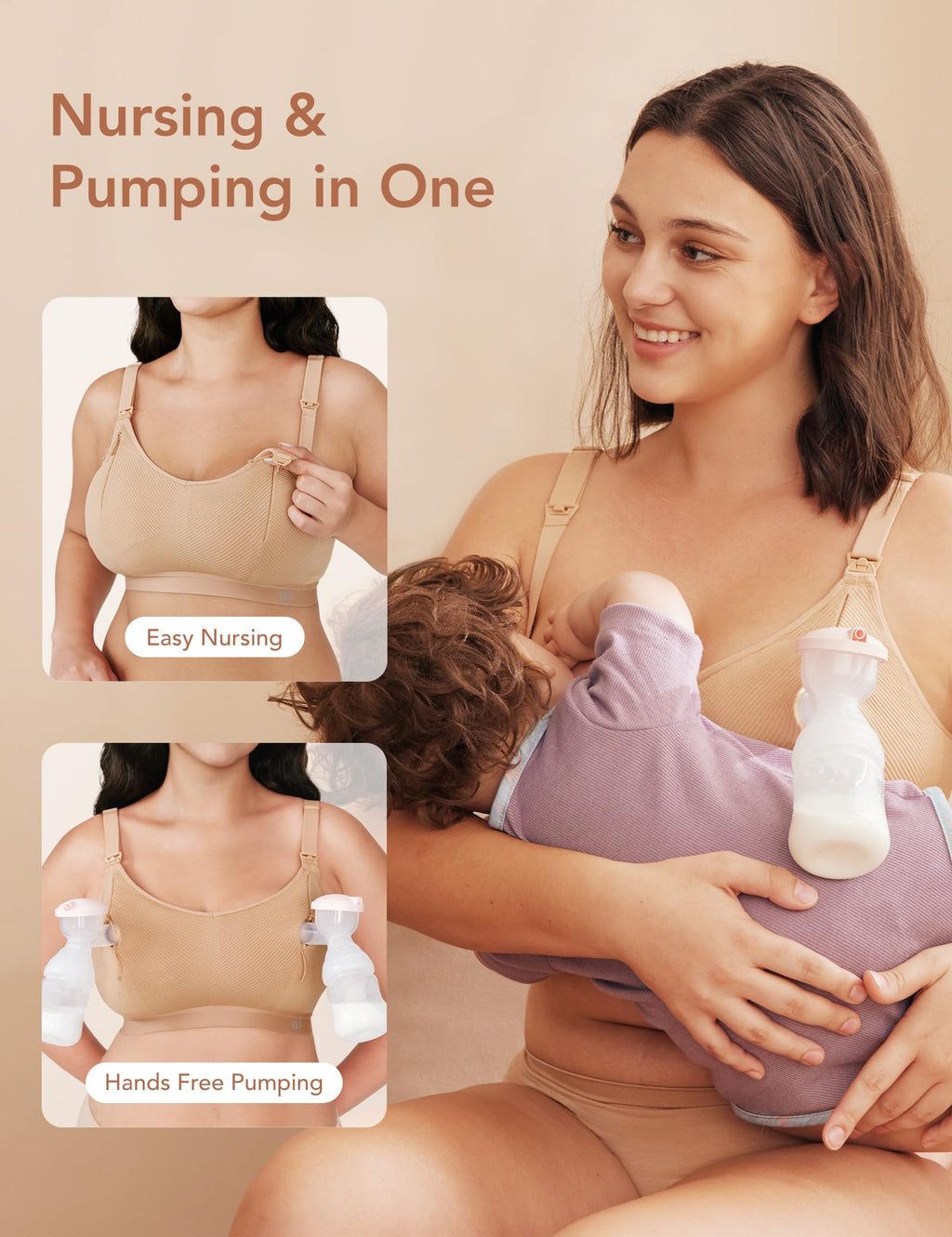 Pumping Bra Hands Free Zip Opening Design Seamless Nursing Bras for Breastfeeding High Support Nursing & Pumping Bra in One Nude L