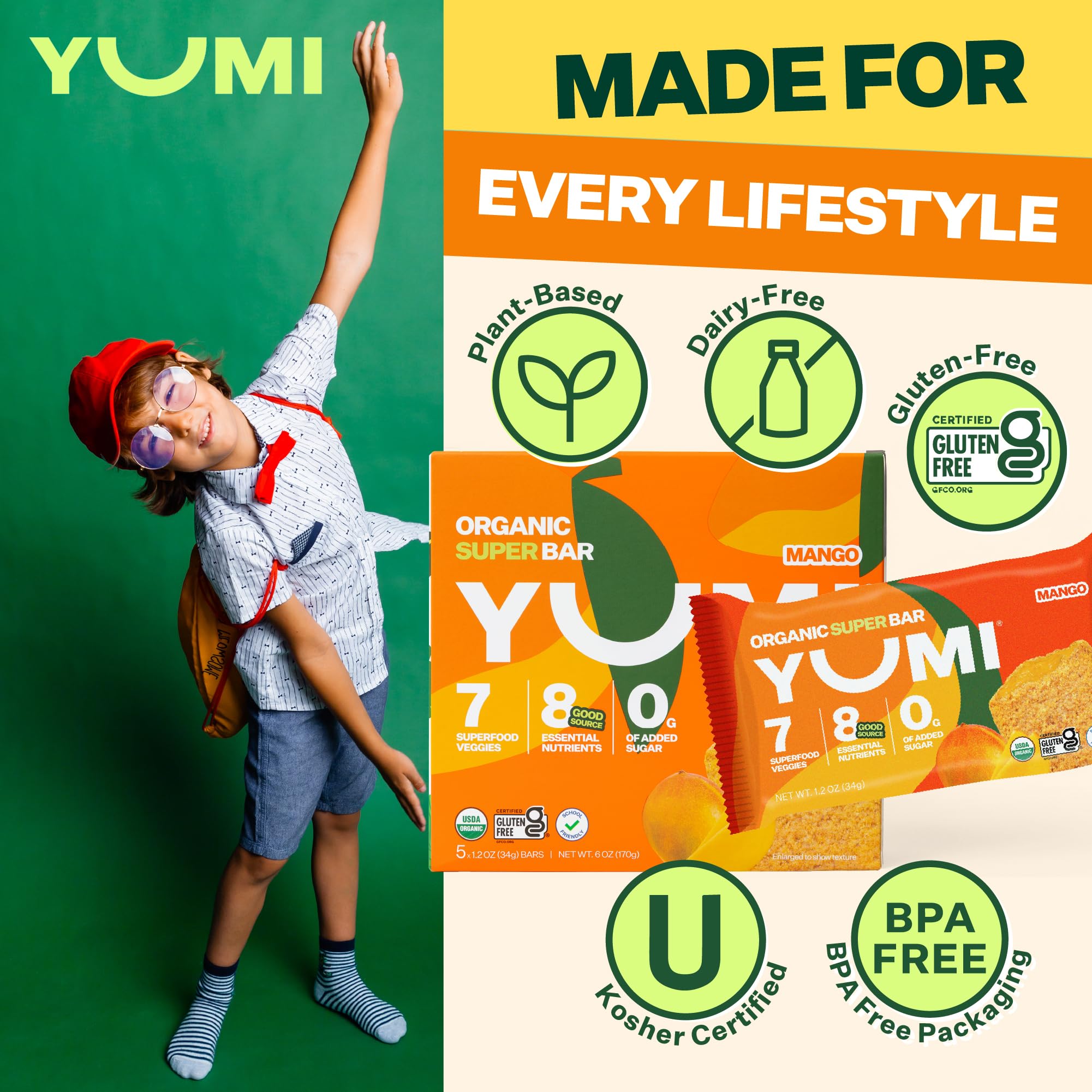YUMI Organic Breakfast Superbar 7 Superfood Veggies High Fiber, Mango, 30CT