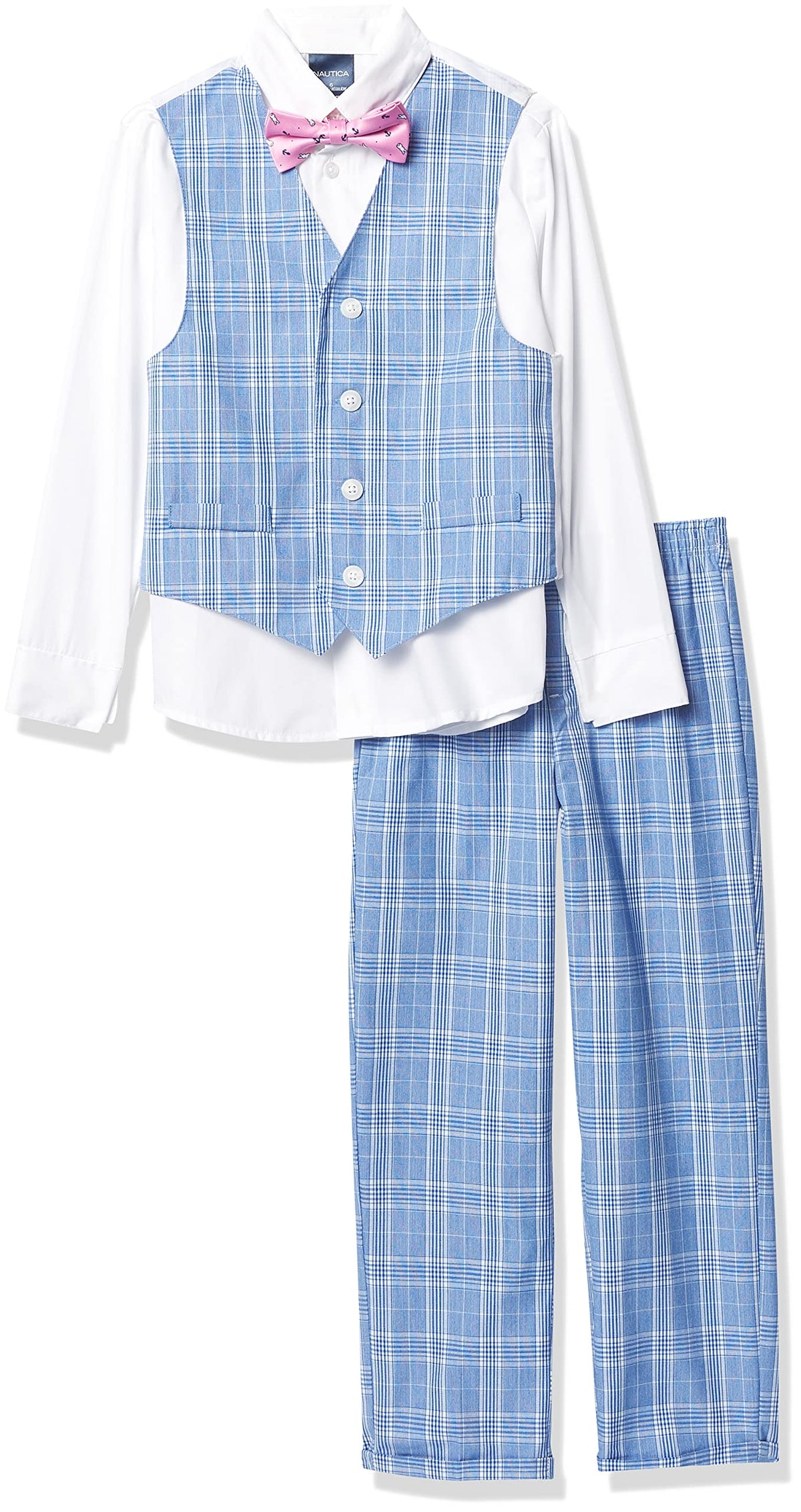 Nautica Boys' 4-Piece Vest Set with Dress Shirt, Bow Tie, Vest, and Pants, Khaki/Navy, 6