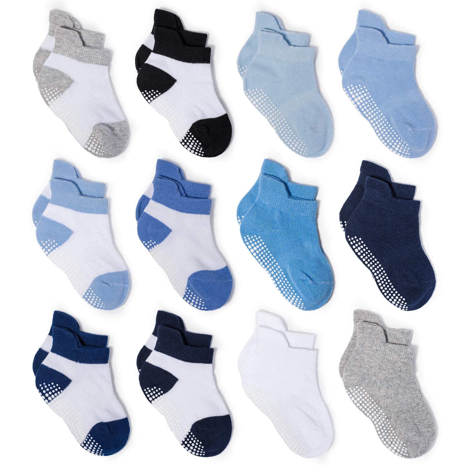 ZAPLES Baby Boys Non Slip Grip Ankle Socks with Anti Skid Soles for Infants Toddlers, Color-Blocked/Solid, 12-36 Months