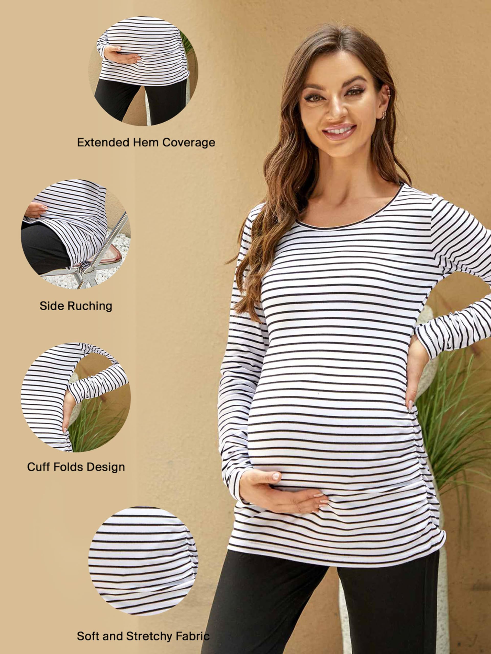 Ecavus Women's 3-Pack Maternity Shirts Long Sleeve Soft Stretchy Pregnancy Tops Side Ruched Casual Mama Clothes