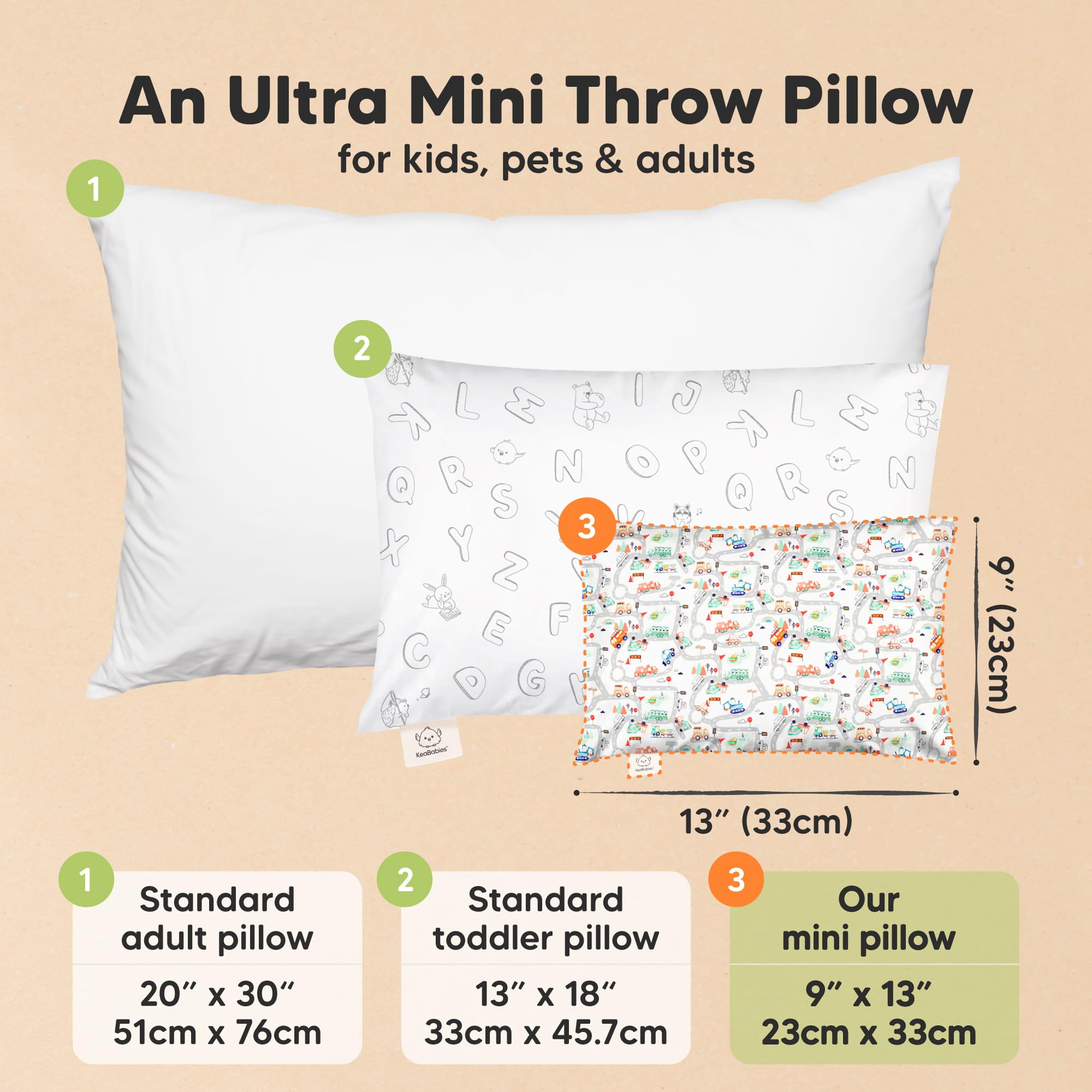 Mini Toddler Pillow with Pillowcase, 9x13 My Little Dreamy Pillow (Roadway)