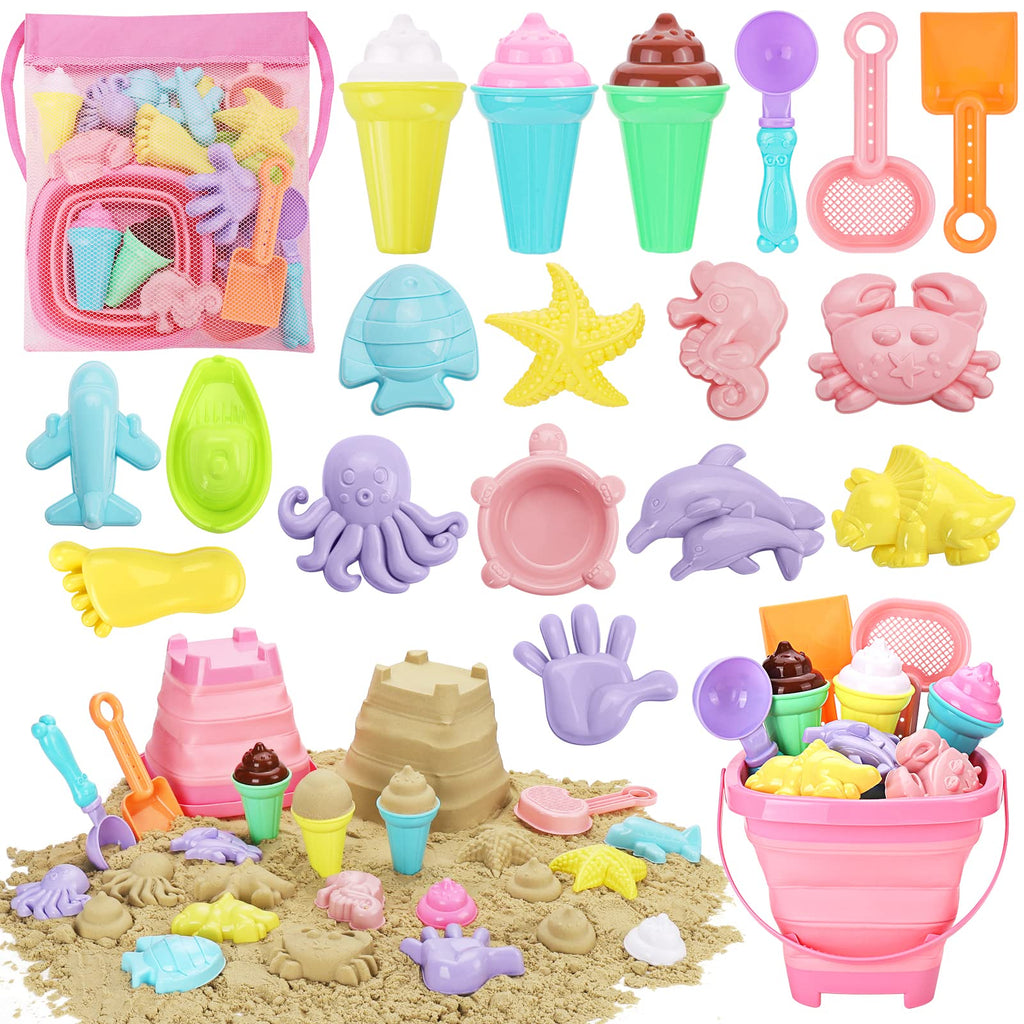REZUCREY Beach Toys with Ice Cream, Collapsible Buckets for Kids Ages 3-12