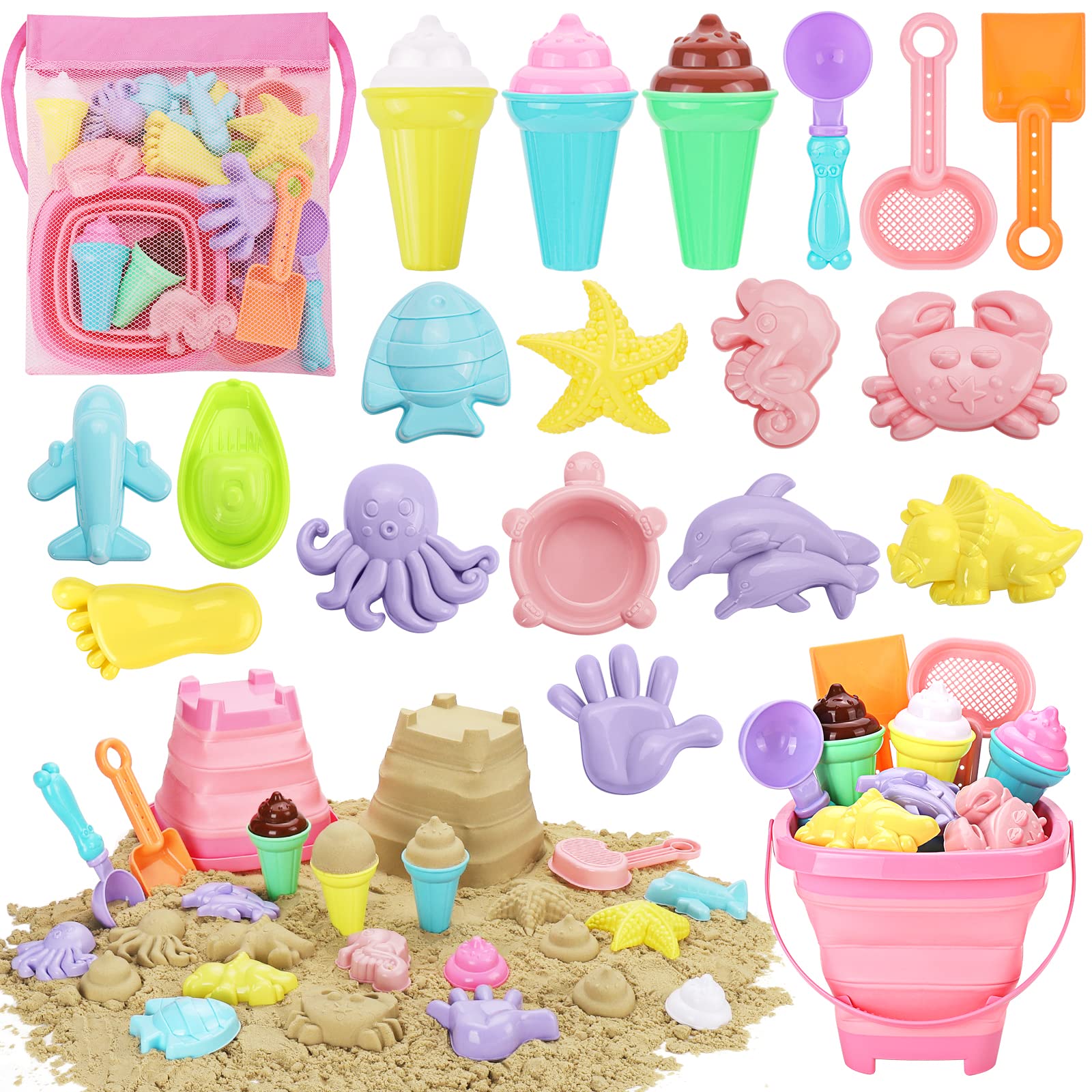 REZUCREY Beach Toys with Ice Cream, Collapsible Buckets for Kids Ages 3-12