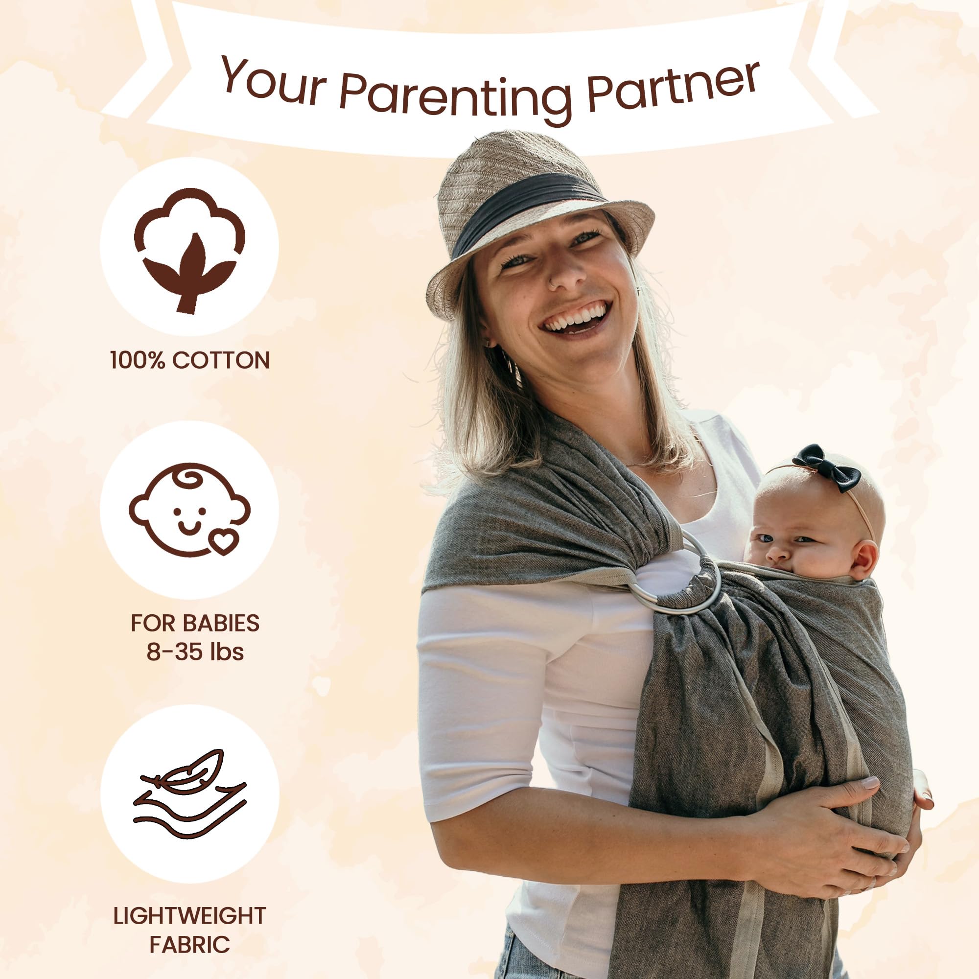 Hip Baby Wrap Ring Sling Carrier for Baby, 8-35 lbs - Stone