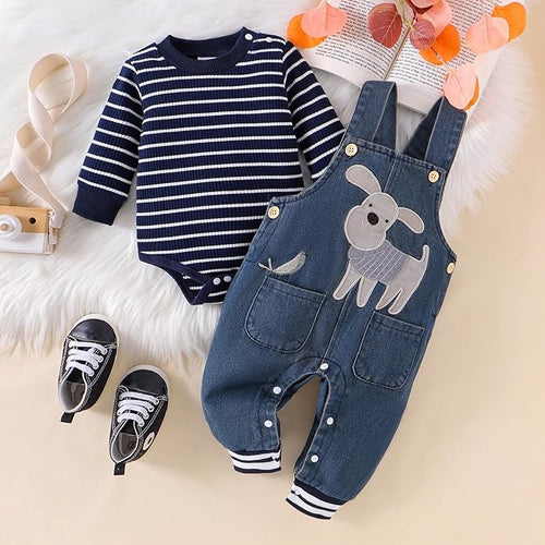 12 Month Boy Clothes Baby Fall Winter Newborn Fashion Outfits Infant Long Sleeve Striped Romper Cute Dog Cartoon Button Jeans Overalls Pants Set Midnight Blue 9-12 Months