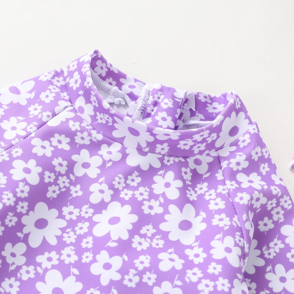Infant Baby Girl Swimsuit One-Piece Long Sleeve Rash Guard with Hat Set Floral Zipper Bathing Suit Leopard Beach Wear(Purple#Flower,12-18 Months)
