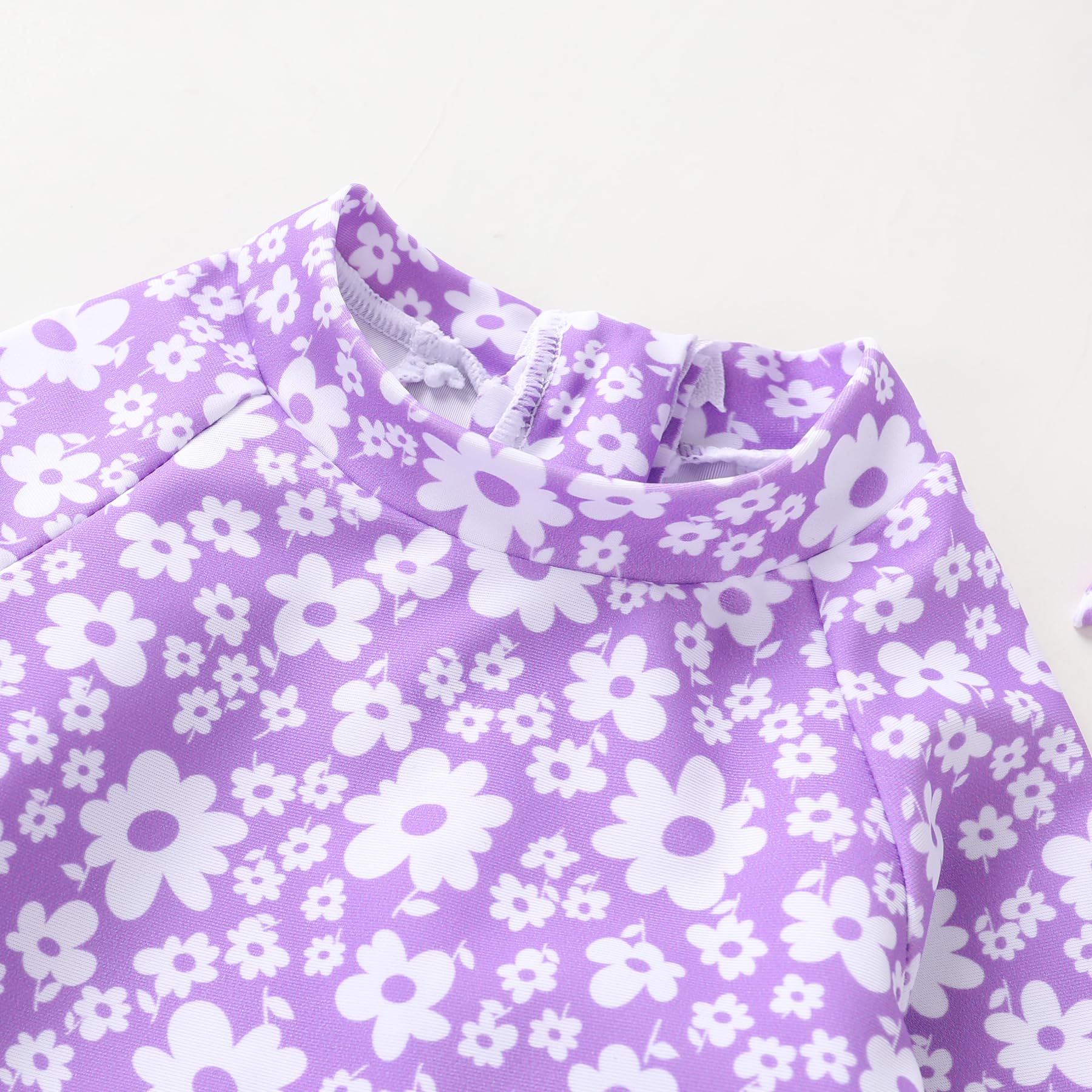 Infant Baby Girl Swimsuit One-Piece Long Sleeve Rash Guard with Hat Set Floral Zipper Bathing Suit Leopard Beach Wear(Purple#Flower,12-18 Months)