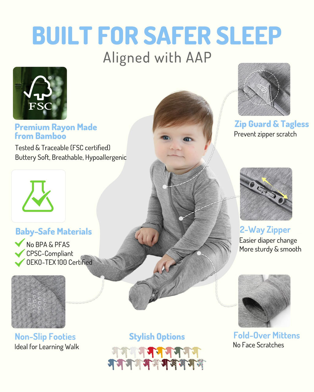 HAPIU Rayon from Bamboo Baby Footed Pajamas, 2 Way Premium Zipper, Footie for Baby Boy Girls, Newborn-24 Months, 3-Pack, Light Heather Grey&Moonlight Blue&Dark Forest Green, 0-3 Months