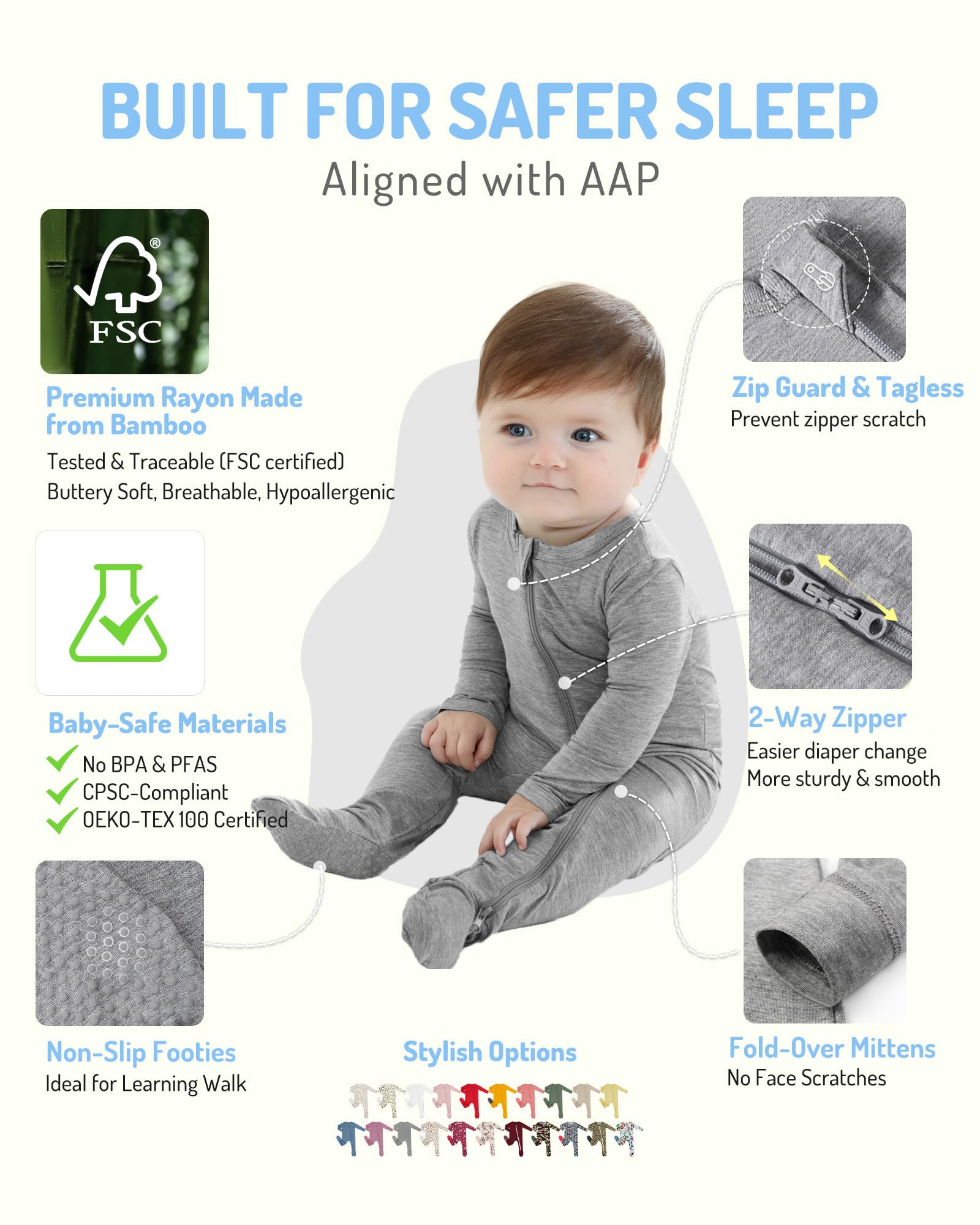 HAPIU Rayon from Bamboo Baby Footed Pajamas, 2 Way Premium Zipper, Footie for Baby Boy Girls, Newborn-24 Months, 3-Pack, Light Heather Grey&Moonlight Blue&Dark Forest Green, 0-3 Months