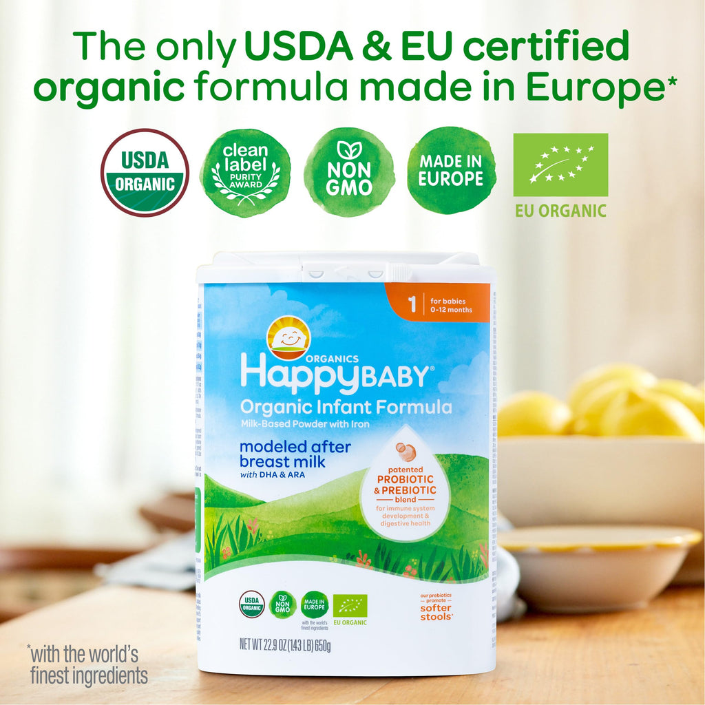 Happy Baby Organics Stage 1 Infant Formula, 0 12 Months, Milk Based Organic Baby Formula Powder with Iron, Probiotics & Prebiotics for Immune & Digestive Support, 22.9 Ounce (Pack of 1)