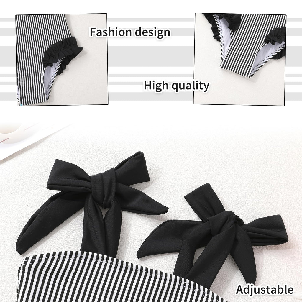 Happy Town Toddler Swimsuit Girl Solid Color Stripe One-Piece Baby Bathing Suits (Black Stripe, 4-5 Years)