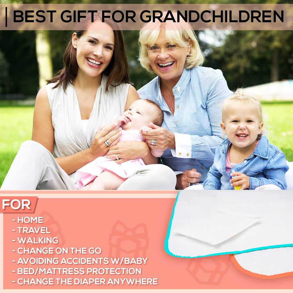 Portable Changing Pad - Waterproof Reusable Baby Changing Mats for Girls Boys - Large Size 25.5”x31.5” Pack of 2 - Reinforced Seams & Free Storage Bag - Change Diaper Mat On the Go - Warranty 2 y