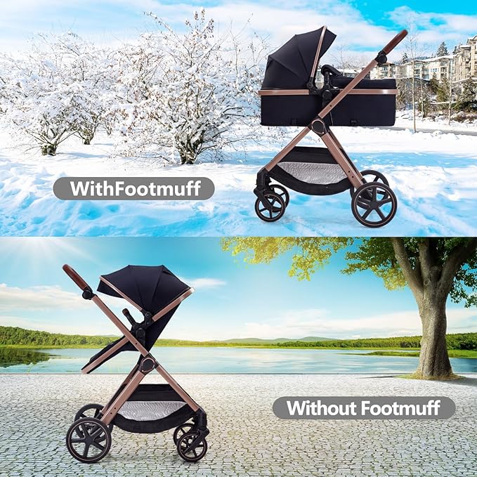 2 in 1 Baby Stroller, Newborn Infant Toddler Convertible Bassinet Pram Stroller for 0-36 Months Old Babies (Black)