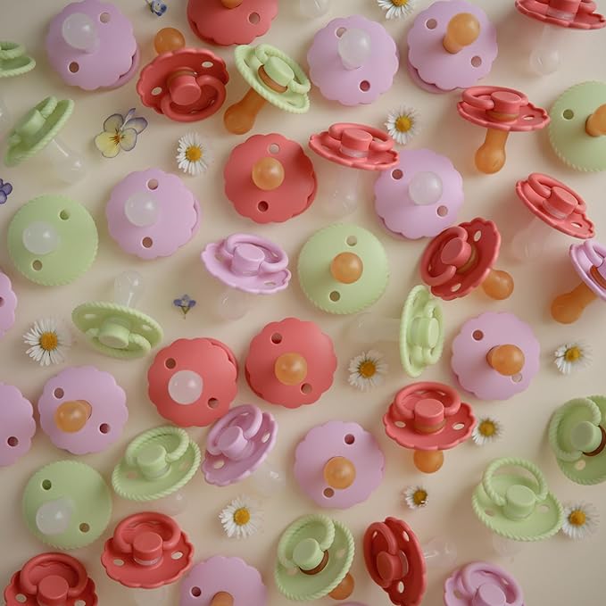 FRIGG Daisy Natural Rubber Baby Pacifier | Made in Denmark | BPA-Free (Poppy/Lupine, Size 2) 2-Pack