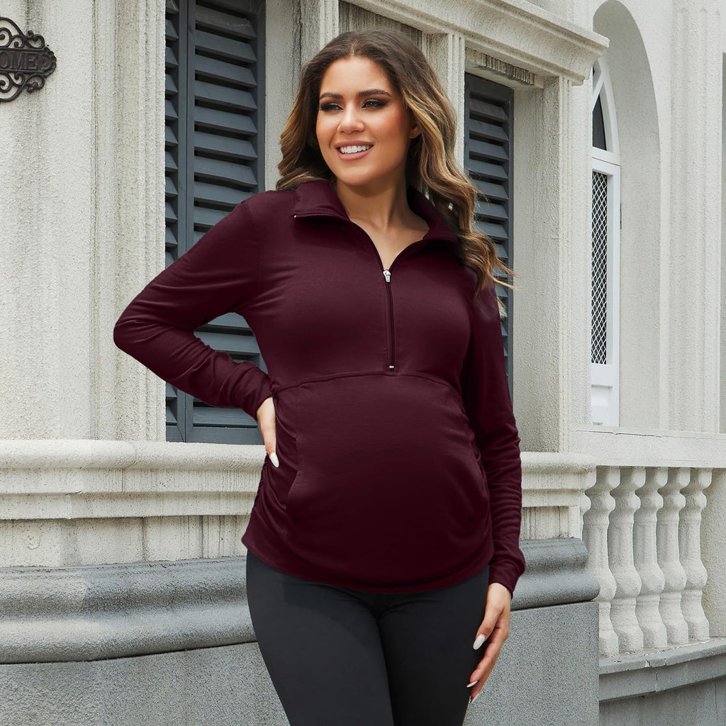 GINKANA Maternity Tops Comfortable Long Sleeve Lightweight Zip-up Shirts with Kanga Pocket,Wine Red,XL