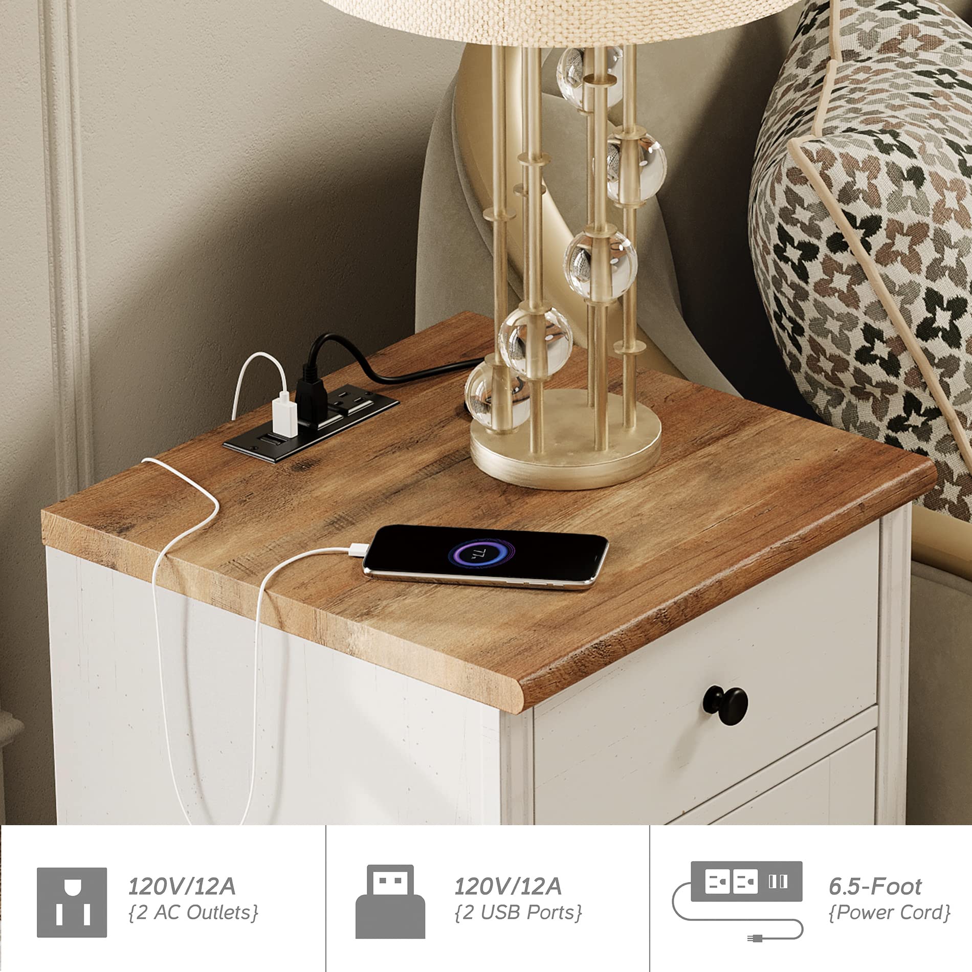 WAMPAT Farmhouse Nightstands with Charging Station for Living Room, Mid Century Modern Kids Storage Cabinet with Vintage Chest of Drawers for Nursery, White/Oak