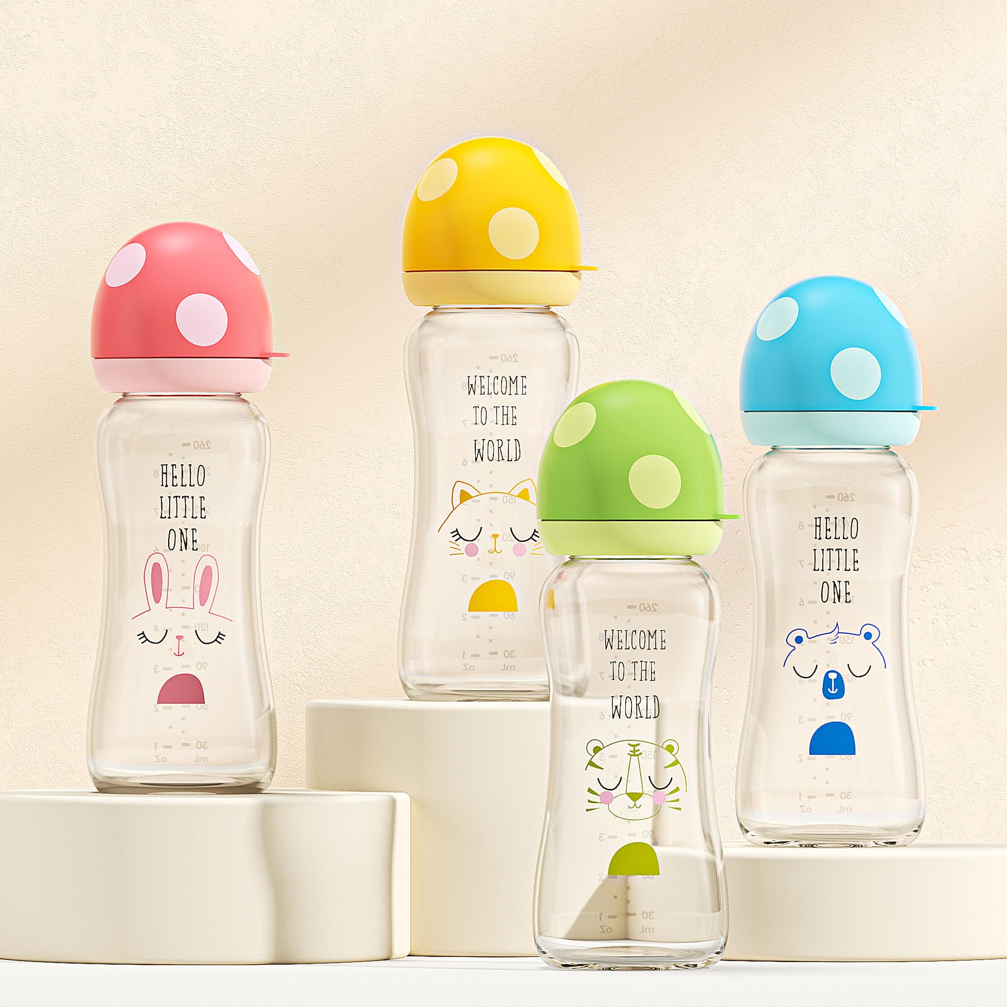 YOHKOH Natural Glass Baby Bottle with Level 2 Medium Flow Nipple, Newborn Anti-Colic Baby Bottles, Wide Neck Mushroom Baby Glass Bottle (8.8ounce (Pack of 4), Multicolour1)