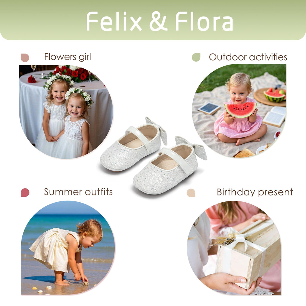 Felix & Flora Soft Sole Giltter White Baby Walking Shoes - Infant Moccasins Rubber Sole Crib Ballet Flats(Giltter White,12-18Months)