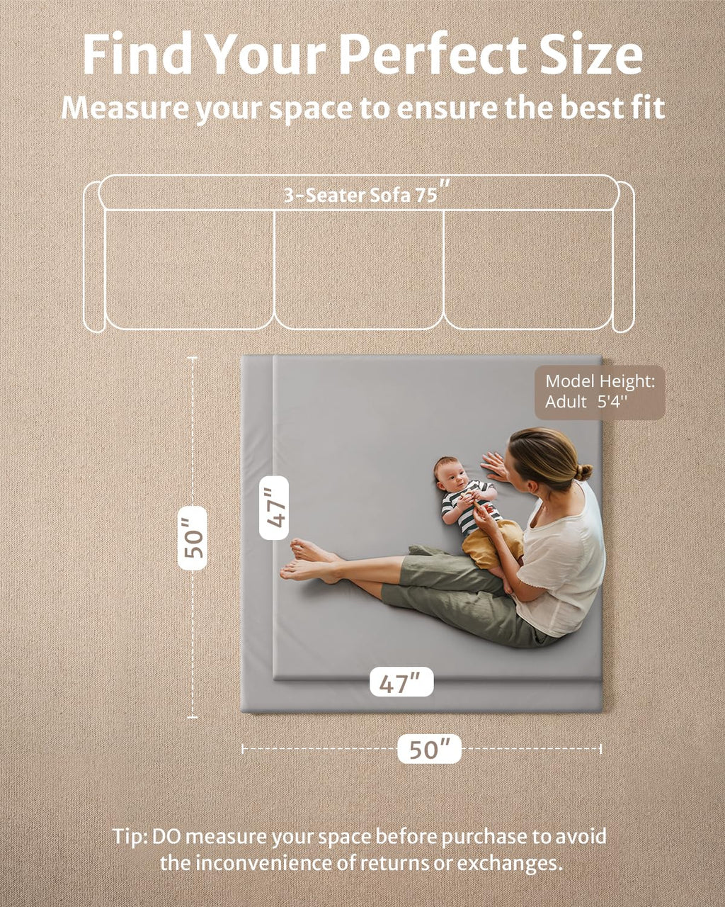 Blissful Diary Vegan Leather Baby Play Mat, 50''x50'', Light Gray