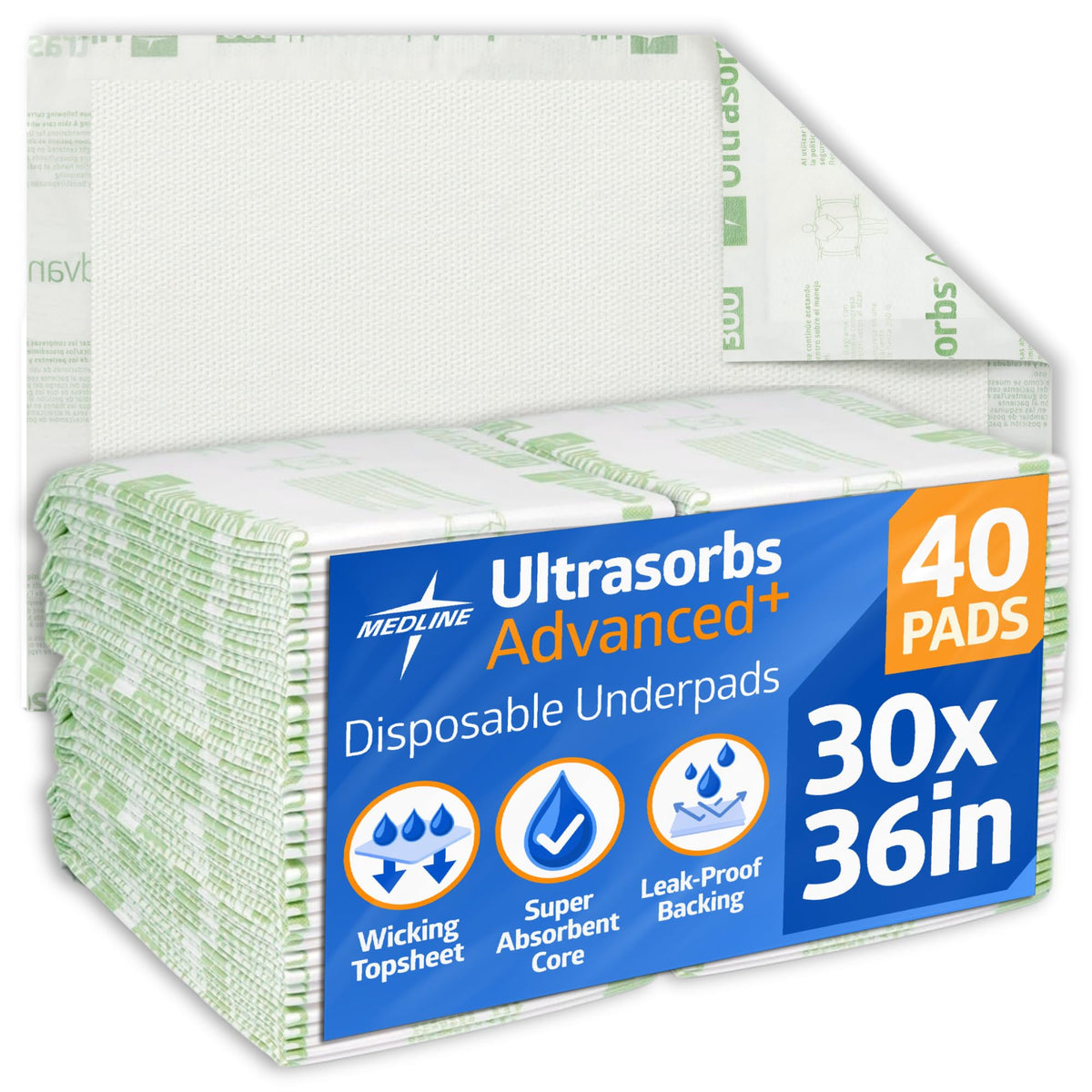 Medline Advanced Plus Ultrasorbs Drypads, 30" x 36", 23” x 36”, 40 Count, Extended Core Disposable Bed Pads, Wider Area Super Absorbent Incontinence Pads, Adult Protective Pads, 300 lb Weight Capacity